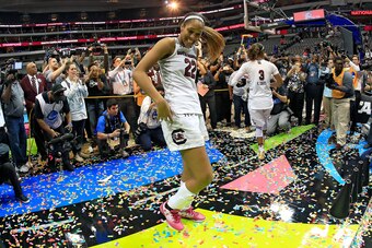 DALLAS, TX - APRIL 02:  A'ja Wilson #22 of the South Carolina Gamecocks dances after her teams championship win over the Mississippi State Lady Bulldogs after the championship game of the 2017 NCAA Women's Final Four at American Airlines Center on April 2