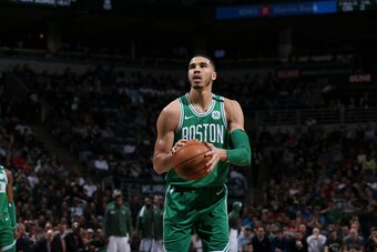 MILWAUKEE, WI - APRIL 3: Jayson Tatum #0 of the Boston Celtics shoots the ball against the Milwaukee Bucks on April 3, 2018 at the BMO Harris Bradley Center in Milwaukee, Wisconsin. NOTE TO USER: User expressly acknowledges and agrees that, by downloading