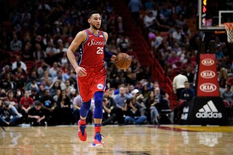 MIAMI, FL - MARCH 08: Ben Simmons #25 of the Philadelphia 76ers in action during the second half of the game against the Miami Heat at American Airlines Arena on March 8, 2018 in Miami, Florida. NOTE TO USER: User expressly acknowledges and agrees that, b