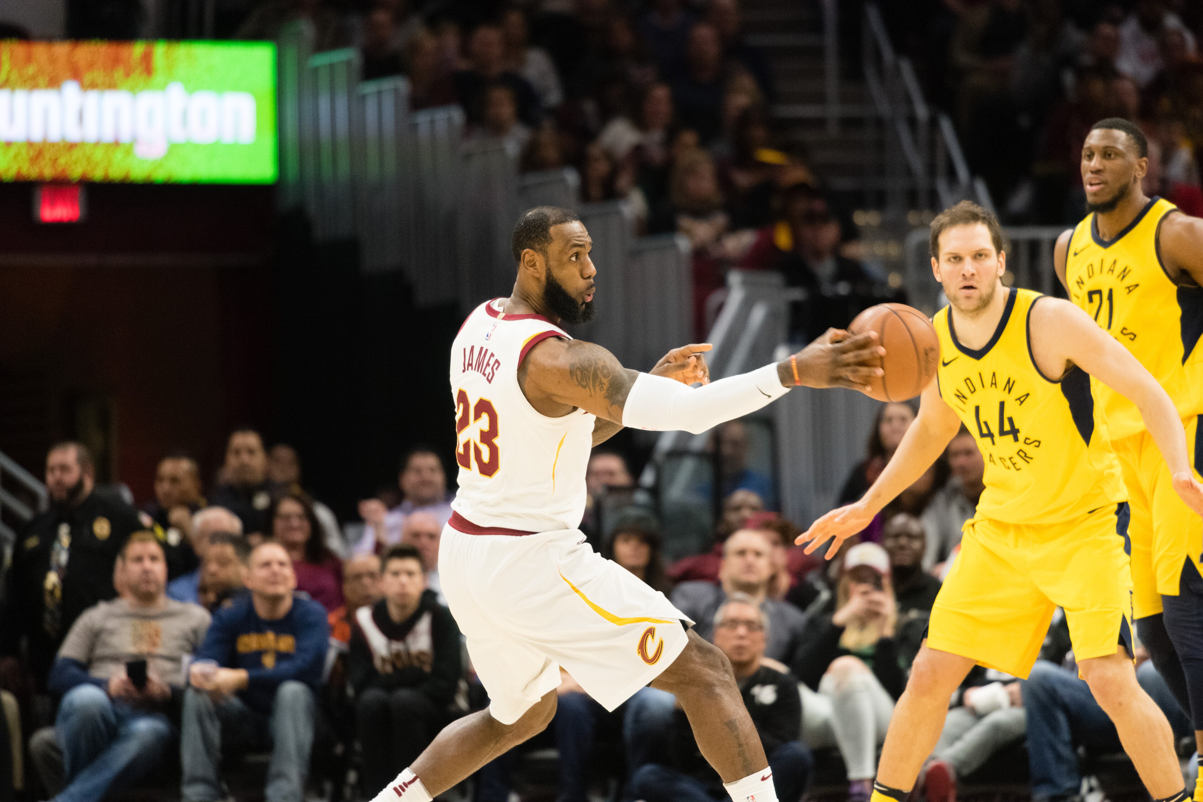 CLEVELAND, OH - JANUARY 26: LeBron James #23 of the Cleveland Cavaliers makes a pass during the first half against the Indiana Pacers at Quicken Loans Arena on January 26, 2018 in Cleveland, Ohio. NOTE TO USER: User expressly acknowledges and agrees that,