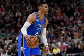 SALT LAKE CITY, UT - DECEMBER 23: Russell Westbrook #0 of the Oklahoma City Thunder controls the ball during their game against the Utah Jazz at Vivint Smart Home Arena on December 23, 2017 in Salt Lake City, Utah. NOTE TO USER: User expressly acknowledge
