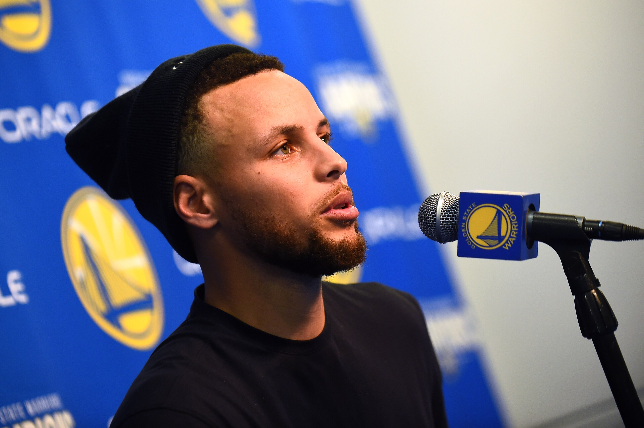 OAKLAND, CA - MARCH 25: Stephen Curry #30 of the Golden State Warriors speaks with the media before the game against the Utah Jazz on March 25, 2018 at ORACLE Arena in Oakland, California. NOTE TO USER: User expressly acknowledges and agrees that, by down