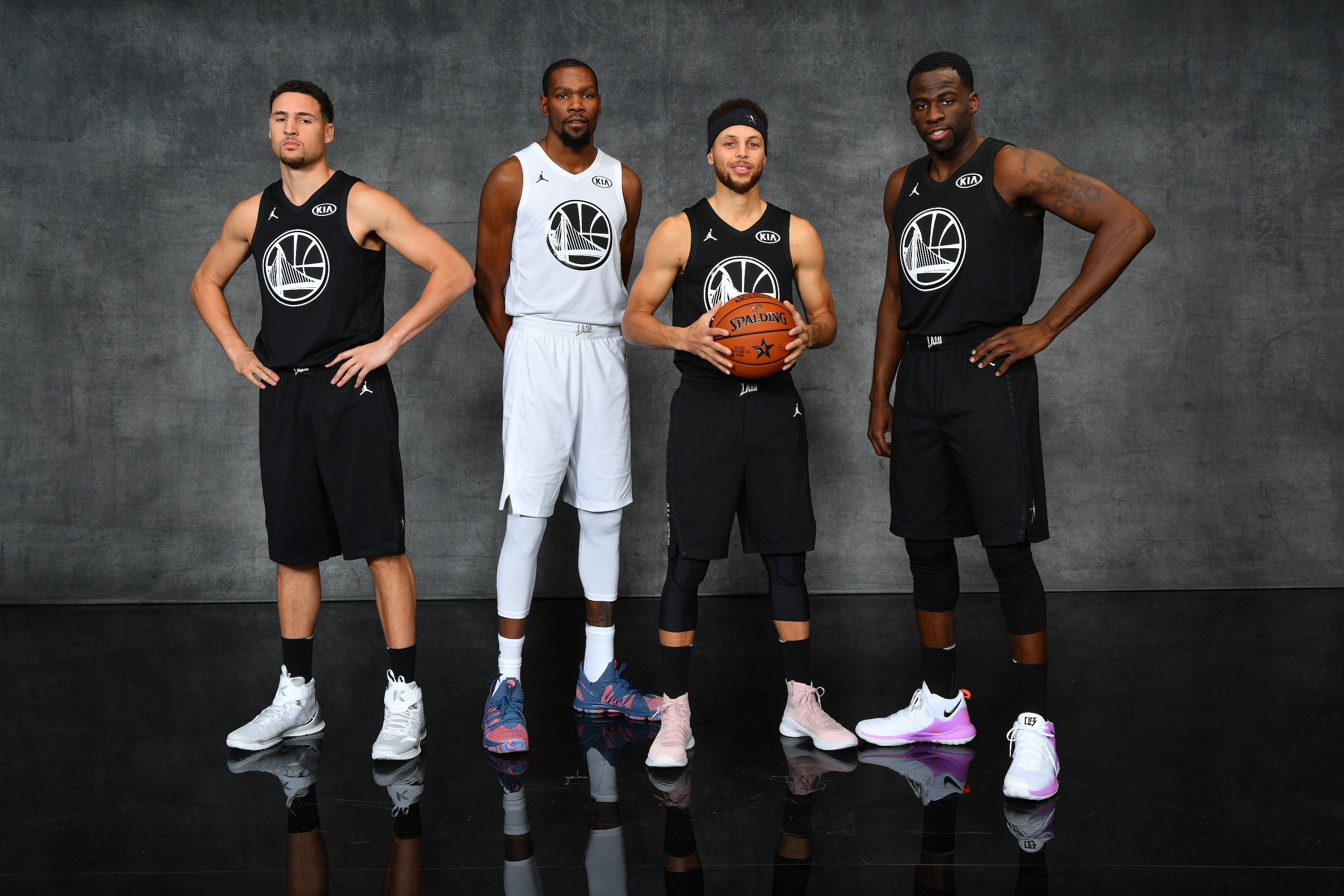 LOS ANGELES, CA - FEBRUARY 18:  Klay Thompson, Stephen Curry, Kevin Durant, Stephen Curry and Draymond Green of the Golden State Warriors pose for a portrait during the NBA All-Star Game as a part of 2018 NBA All-Star Weekend at STAPLES Center on February