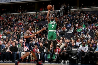 WASHINGTON, DC -  APRIL 10:  Jaylen Brown #7 of the Boston Celtics shoots the ball against the Washington Wizards on April 10, 2018 at Capital One Arena in Washington, DC. NOTE TO USER: User expressly acknowledges and agrees that, by downloading and or us