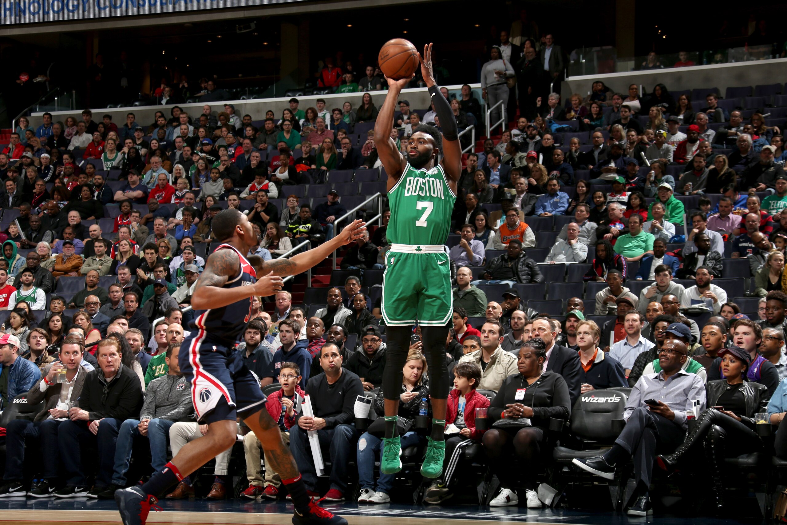 WASHINGTON, DC -  APRIL 10:  Jaylen Brown #7 of the Boston Celtics shoots the ball against the Washington Wizards on April 10, 2018 at Capital One Arena in Washington, DC. NOTE TO USER: User expressly acknowledges and agrees that, by downloading and or us