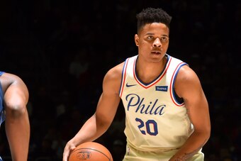 PHILADELPHIA, PA - APRIL 8: Markelle Fultz #20 of the Philadelphia 76ers handles the ball against the Dallas Mavericks on April 8, 2018 at Wells Fargo Center in Philadelphia, Pennsylvania. NOTE TO USER: User expressly acknowledges and agrees that, by down
