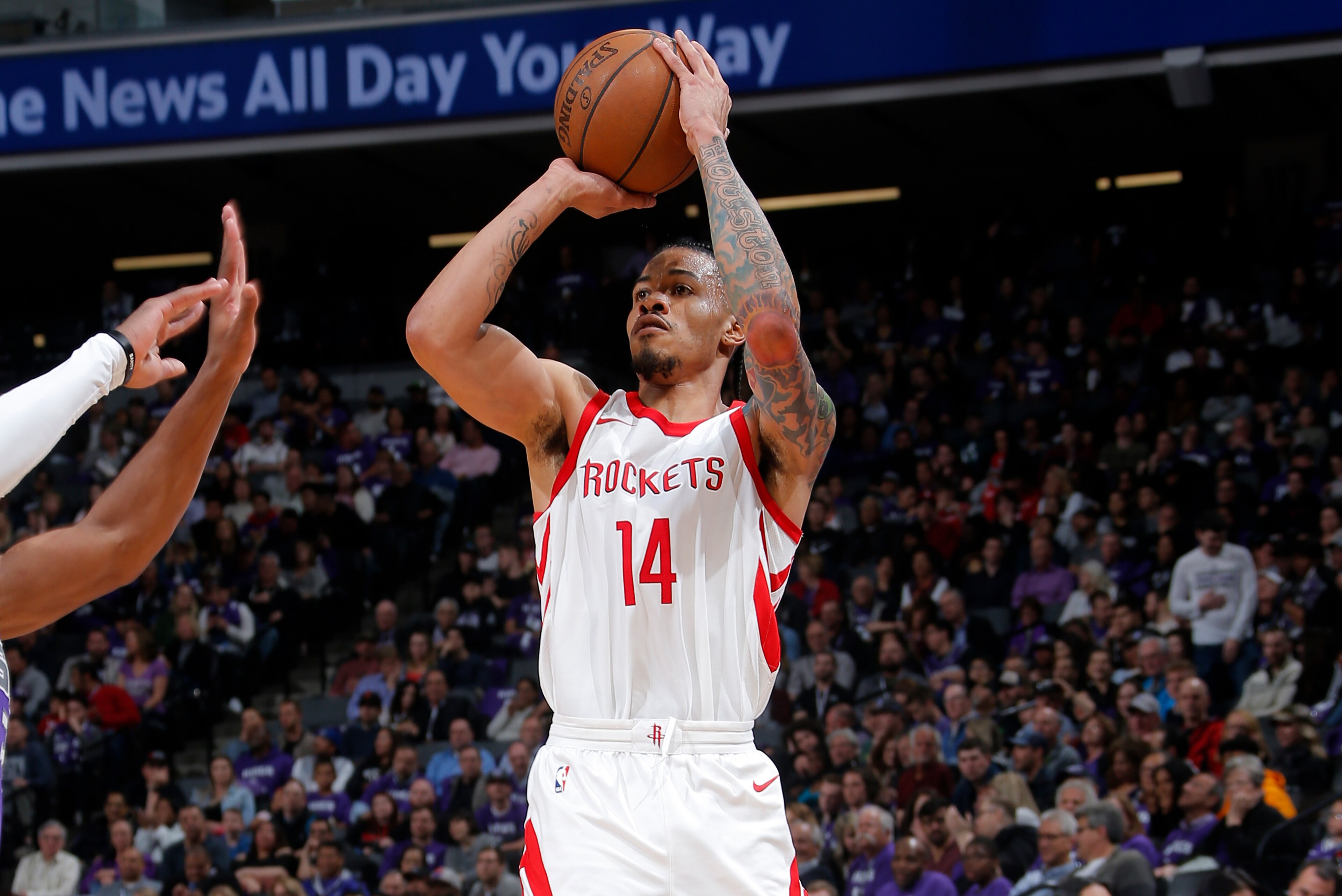 SACRAMENTO, CA - APRIL 11:  Gerald Green #14 of the Houston Rockets shoots the ball against the Sacramento Kings on April 11, 2018 at Golden 1 Center in Sacramento, California. NOTE TO USER: User expressly acknowledges and agrees that, by downloading and 