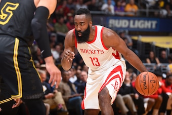 LOS ANGELES, CA - APRIL 10:  James Harden #13 of the Houston Rockets handles the ball against the Los Angeles Lakers on April 10, 2017 at STAPLES Center in Los Angeles, California. NOTE TO USER: User expressly acknowledges and agrees that, by downloading 