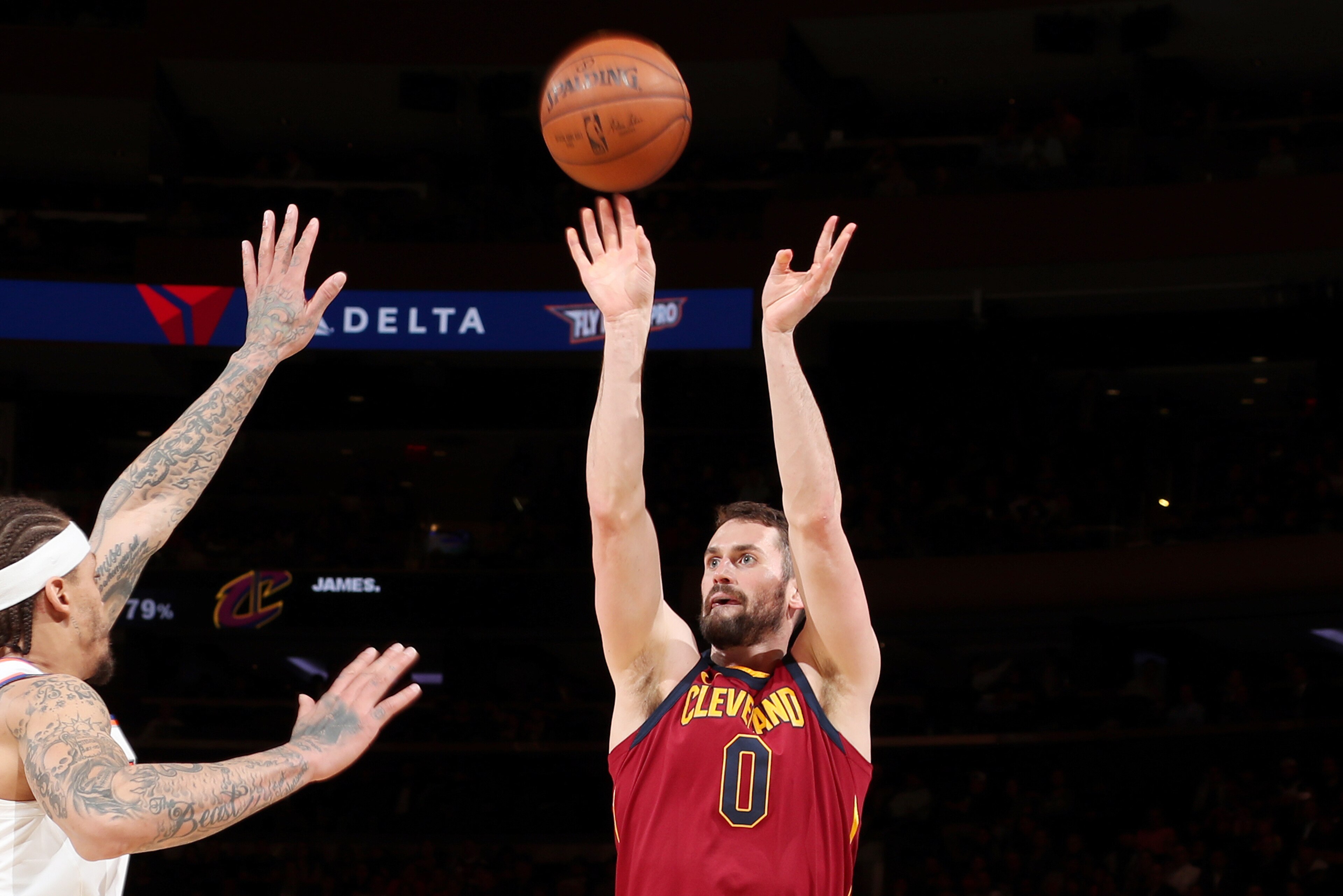 NEW YORK, NY - APRIL 9: Kevin Love #0 of the Cleveland Cavaliers shoots the ball against the New York Knicks on April 9, 2018 at Madison Square Garden in New York City, New York.  NOTE TO USER: User expressly acknowledges and agrees that, by downloading a