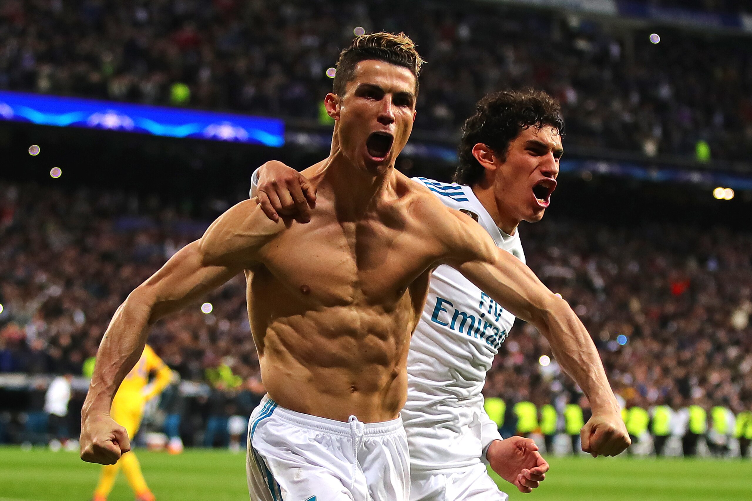 MADRID, SPAIN - APRIL 11: Cristiano Ronaldo of Real Madrid celebrates scoring his side's first goal during the UEFA Champions League Quarter Final, second leg match between Real Madrid and Juventus at Estadio Santiago Bernabeu on April 11, 2018 in Madrid,