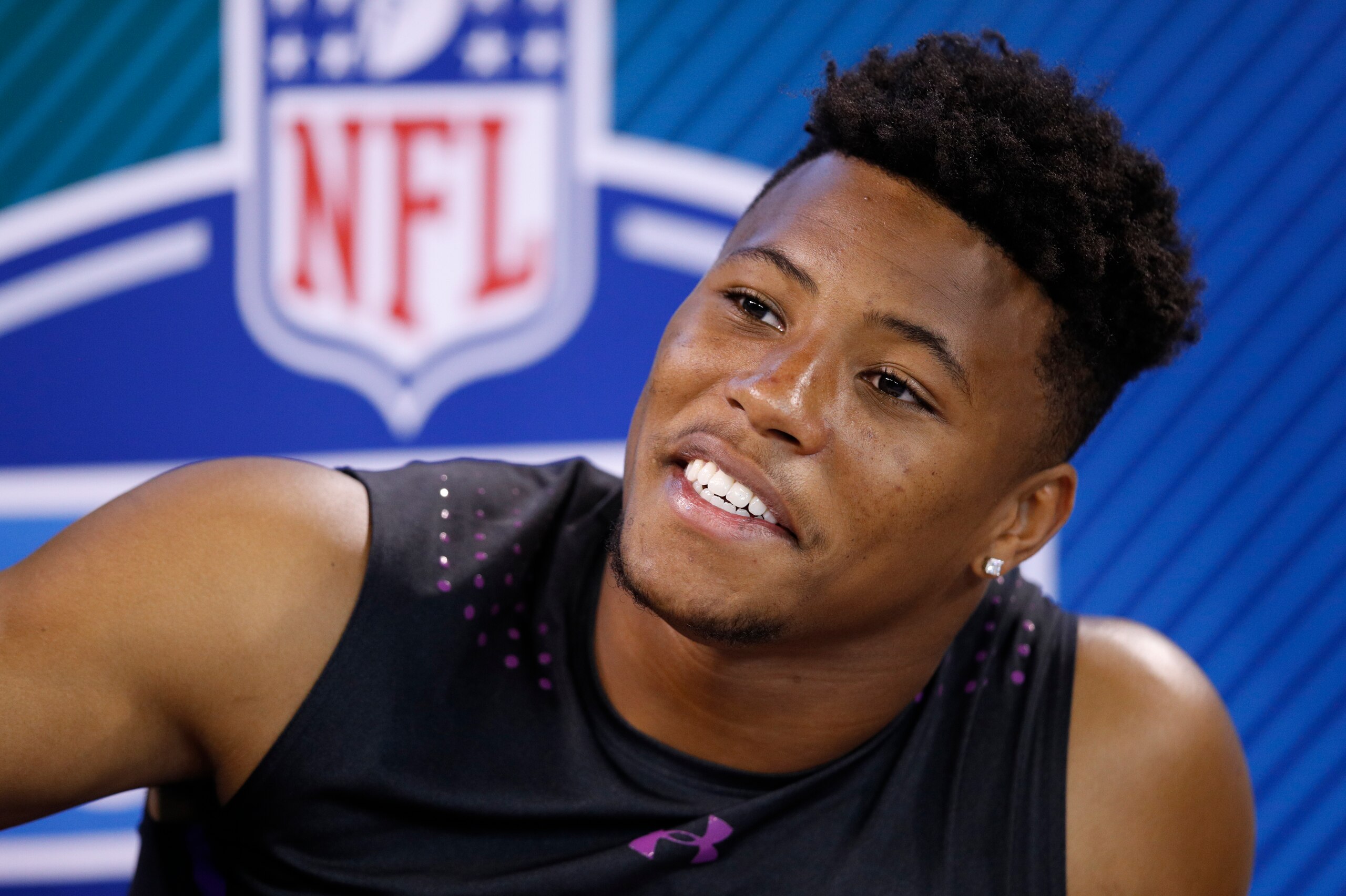 INDIANAPOLIS, IN - MARCH 02: Penn State running back Saquon Barkley looks on during the 2018 NFL Combine at Lucas Oil Stadium on March 2, 2018 in Indianapolis, Indiana. (Photo by Joe Robbins/Getty Images)