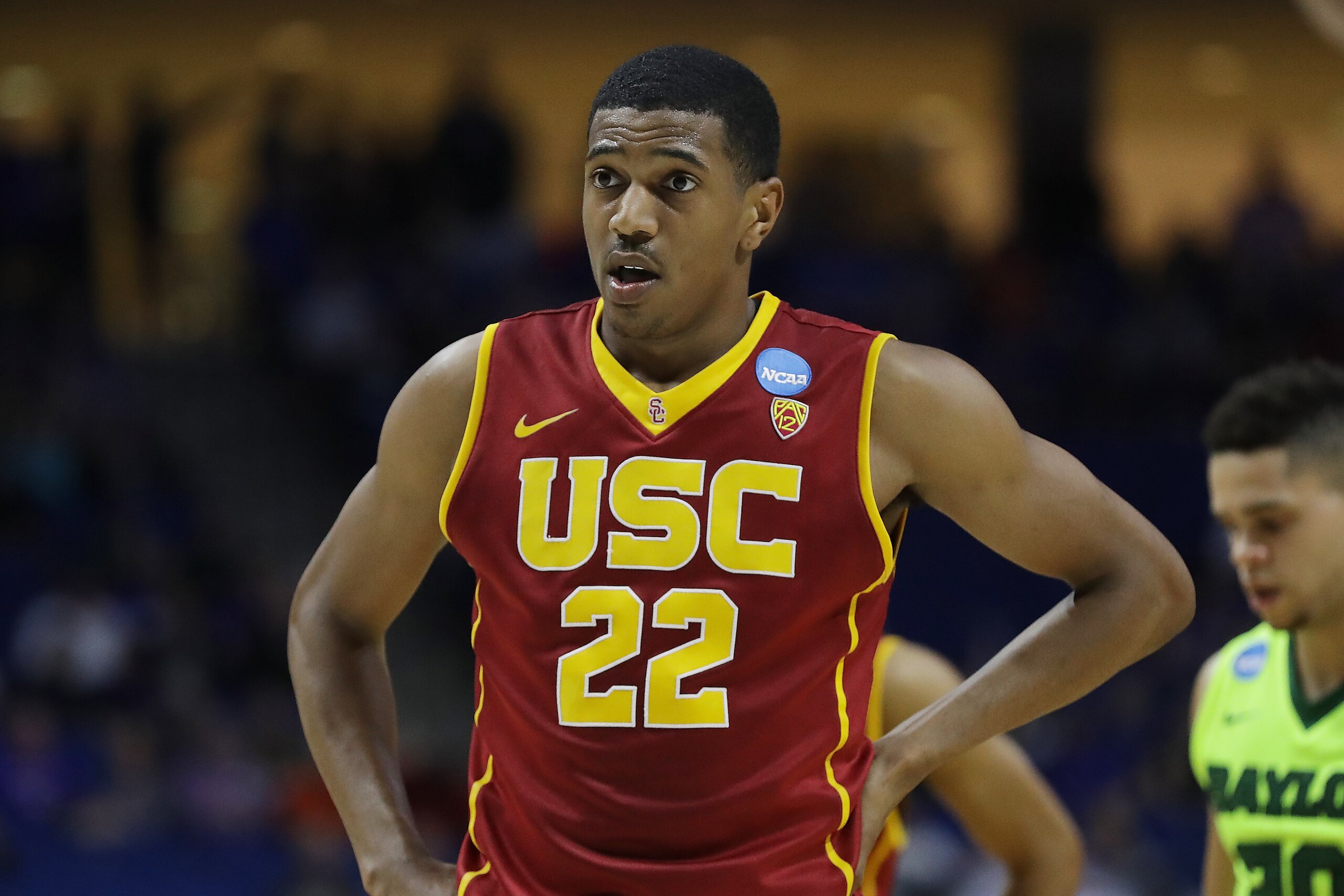 TULSA, OK - MARCH 19: De'Anthony Melton #22 of the USC Trojans reacts against the Baylor Bears during the second round of the 2017 NCAA Men's Basketball Tournament at BOK Center on March 19, 2017 in Tulsa, Oklahoma.  (Photo by Ronald Martinez/Getty Images