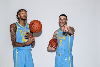 LOS ANGELES, CA - FEBRUARY 16: Brandon Ingram #14 and Lonzo Ball #2 of the USA team pose for a portrait prior to the Mountain Dew Kickstart Rising Stars Game during All-Star Friday Night as part of 2018 NBA All-Star Weekend at the STAPLES Center on Februa