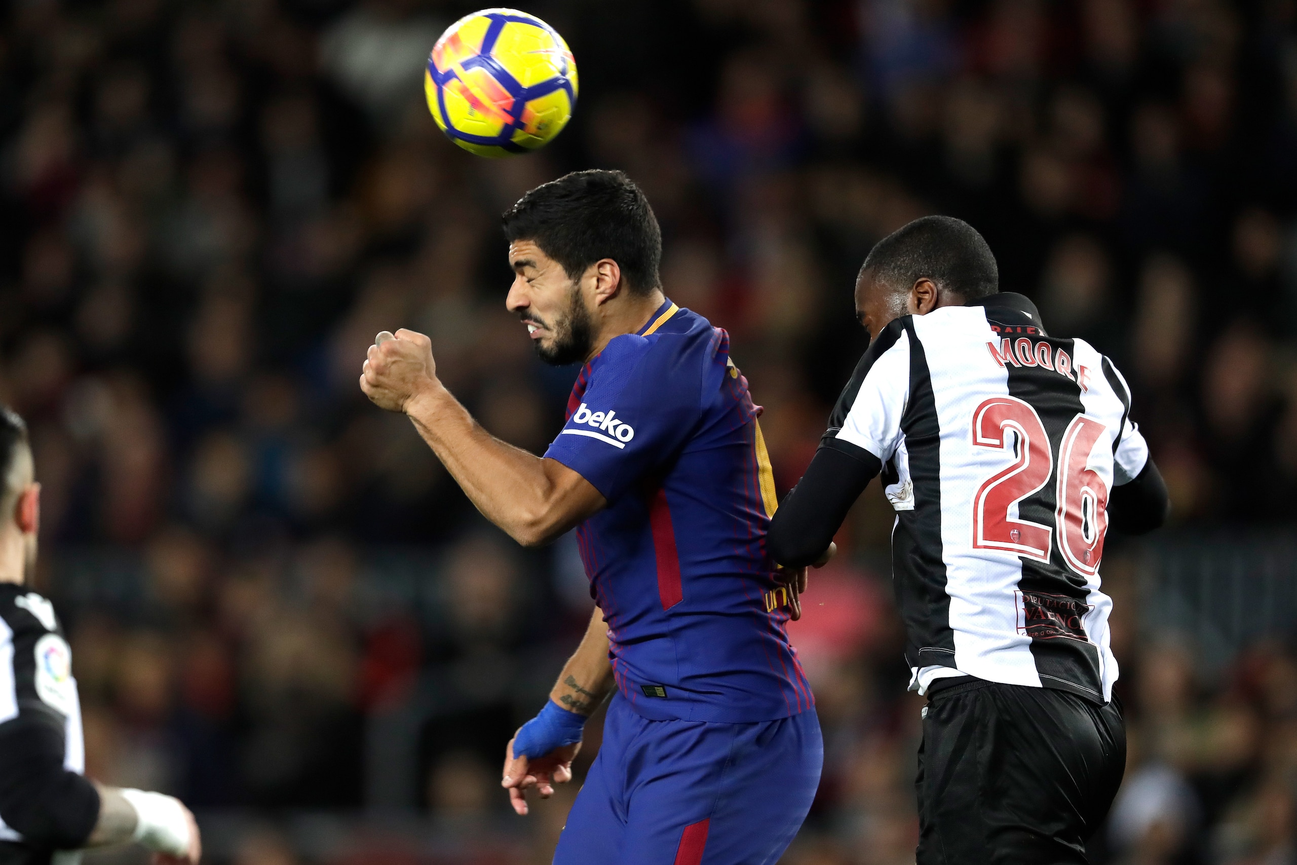 BARCELONA, SPAIN - JANUARY 7: (L-R) Luis Suarez of FC Barcelona, Shaquell Moore of Levante during the La Liga Santander match between FC Barcelona v Levante at the Camp Nou on January 7, 2018 in Barcelona Spain (Photo by Laurens Lindhout/Soccrates/Gett BARCELONA, SPAIN - JANUARY 7: (L-R) Luis Suarez of FC Barcelona, Shaquell Moore of Levante during the La Liga Santander match between FC Barcelona v Levante at the Camp Nou on January 7, 2018 in Barcelona Spain (Photo by Laurens Lindhout/Soccrates/Gett