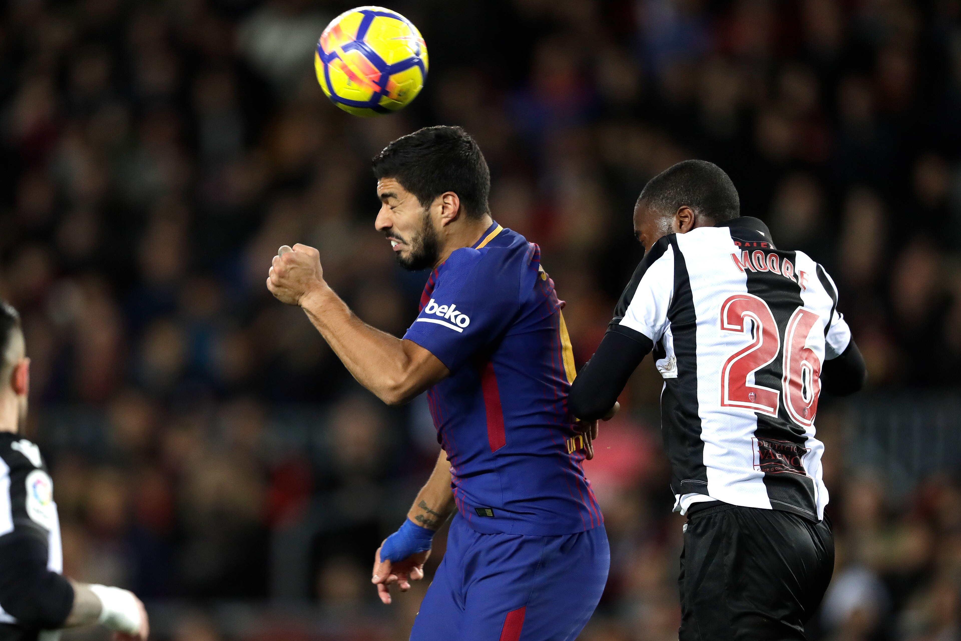 BARCELONA, SPAIN - JANUARY 7: (L-R) Luis Suarez of FC Barcelona, Shaquell Moore of Levante   during the La Liga Santander  match between FC Barcelona v Levante at the Camp Nou on January 7, 2018 in Barcelona Spain (Photo by Laurens Lindhout/Soccrates/Gett