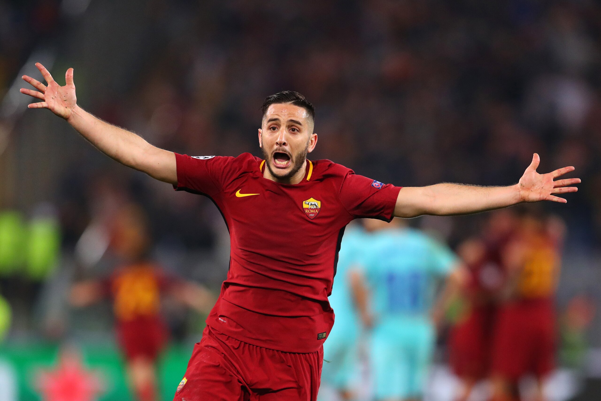 ROME, ITALY - APRIL 10: Kostas Manolas of AS Roma celebrates the win after the UEFA Champions League Quarter Final Leg Two between AS Roma and FC Barcelona  at Stadio Olimpico on April 10, 2018 in Rome, Italy. (Photo by Catherine Ivill/Getty Images)