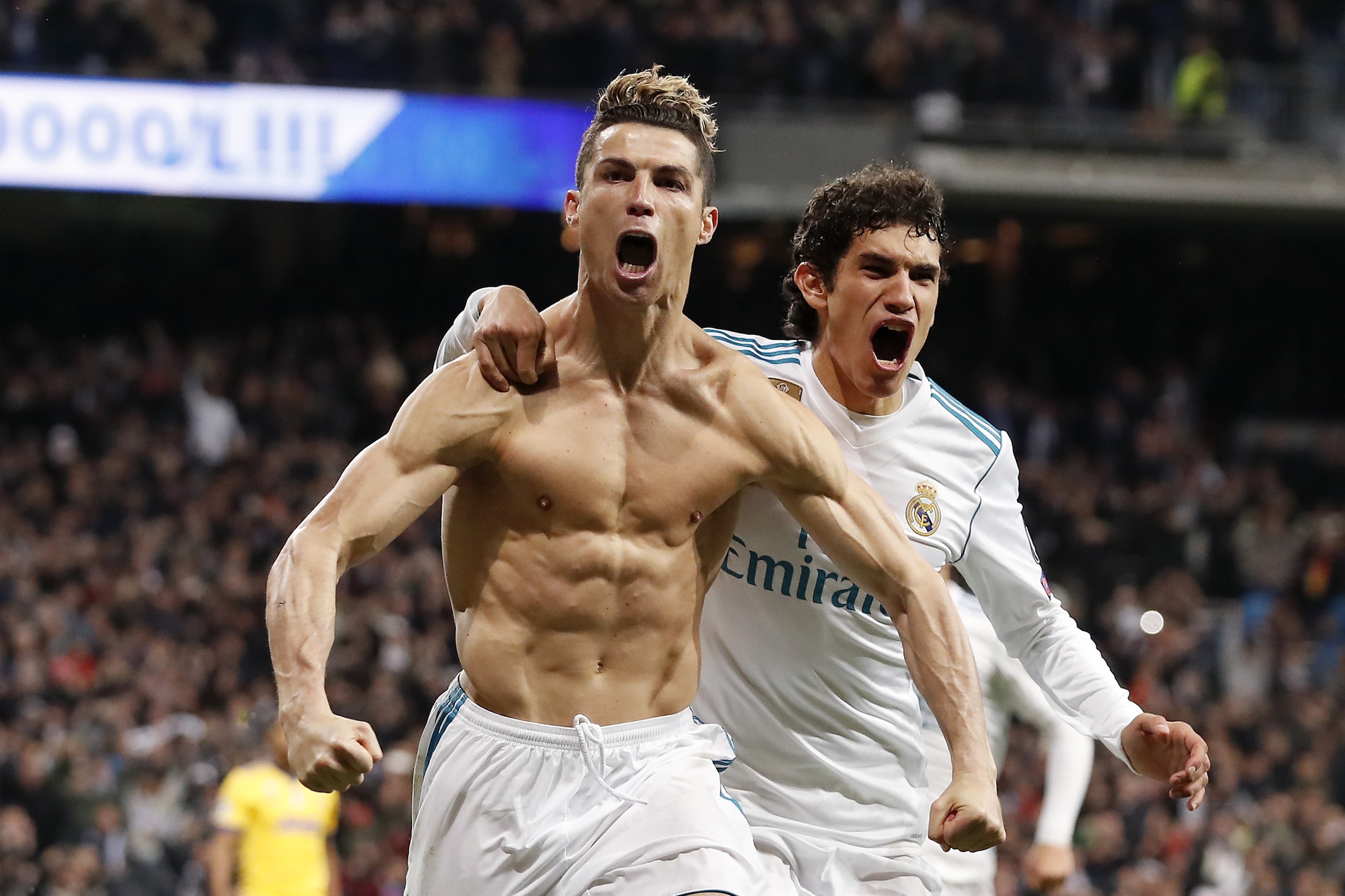 (L-R) Cristiano Ronaldo of Real Madrid, Jesus Vallejo of Real Madrid during the UEFA Champions League quarter final match between Real Madrid and Juventus FC at the Santiago Bernabeu stadium on April 11, 2018 in Madrid, Spain(Photo by VI Images via Getty 