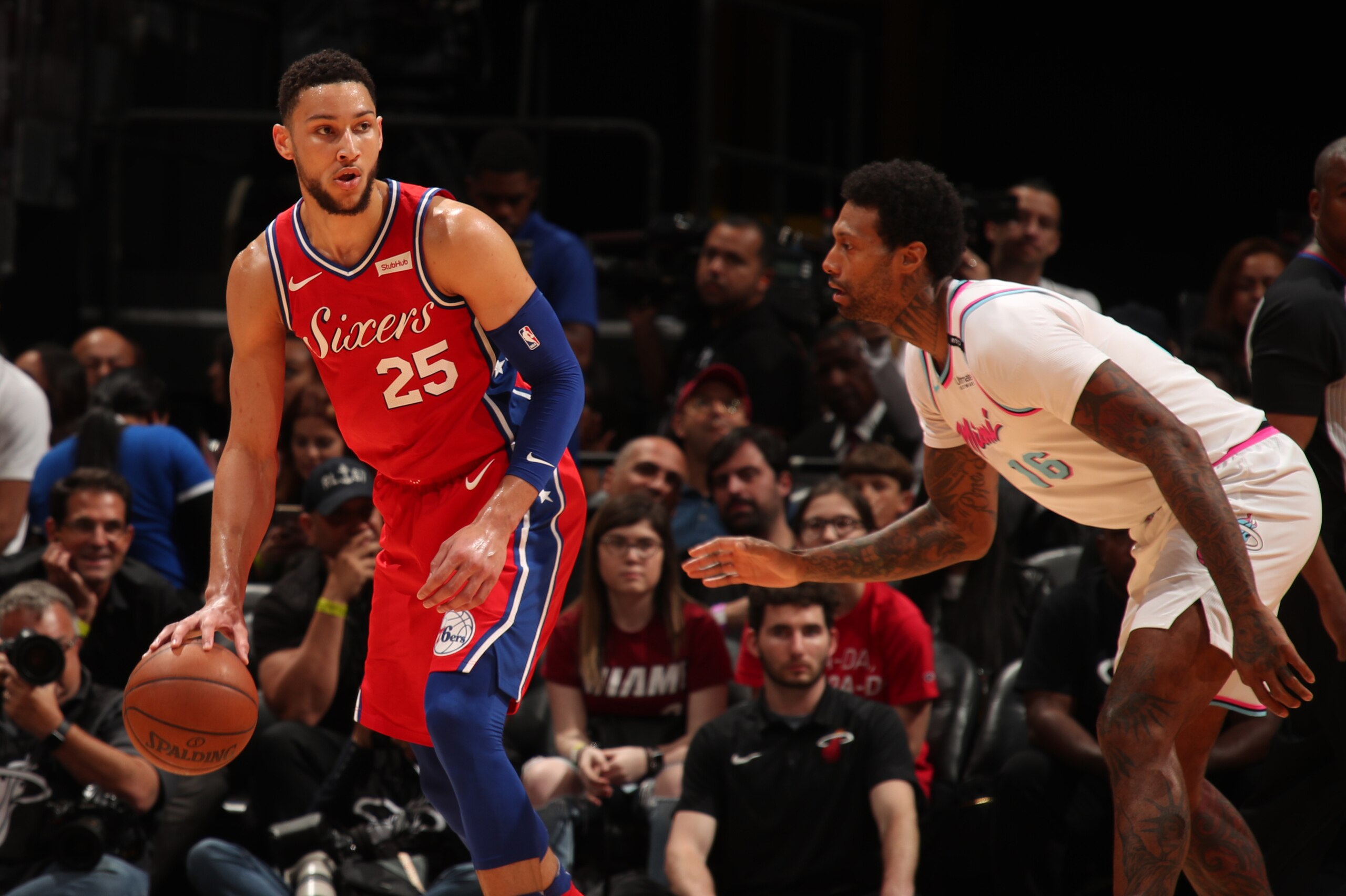 MIAMI, FL - MARCH 8: Ben Simmons #25 of the Philadelphia 76ers handles the ball against the Miami Heat  on March 8, 2018 at American Airlines Arena in Miami, Florida. NOTE TO USER: User expressly acknowledges and agrees that, by downloading and or using t