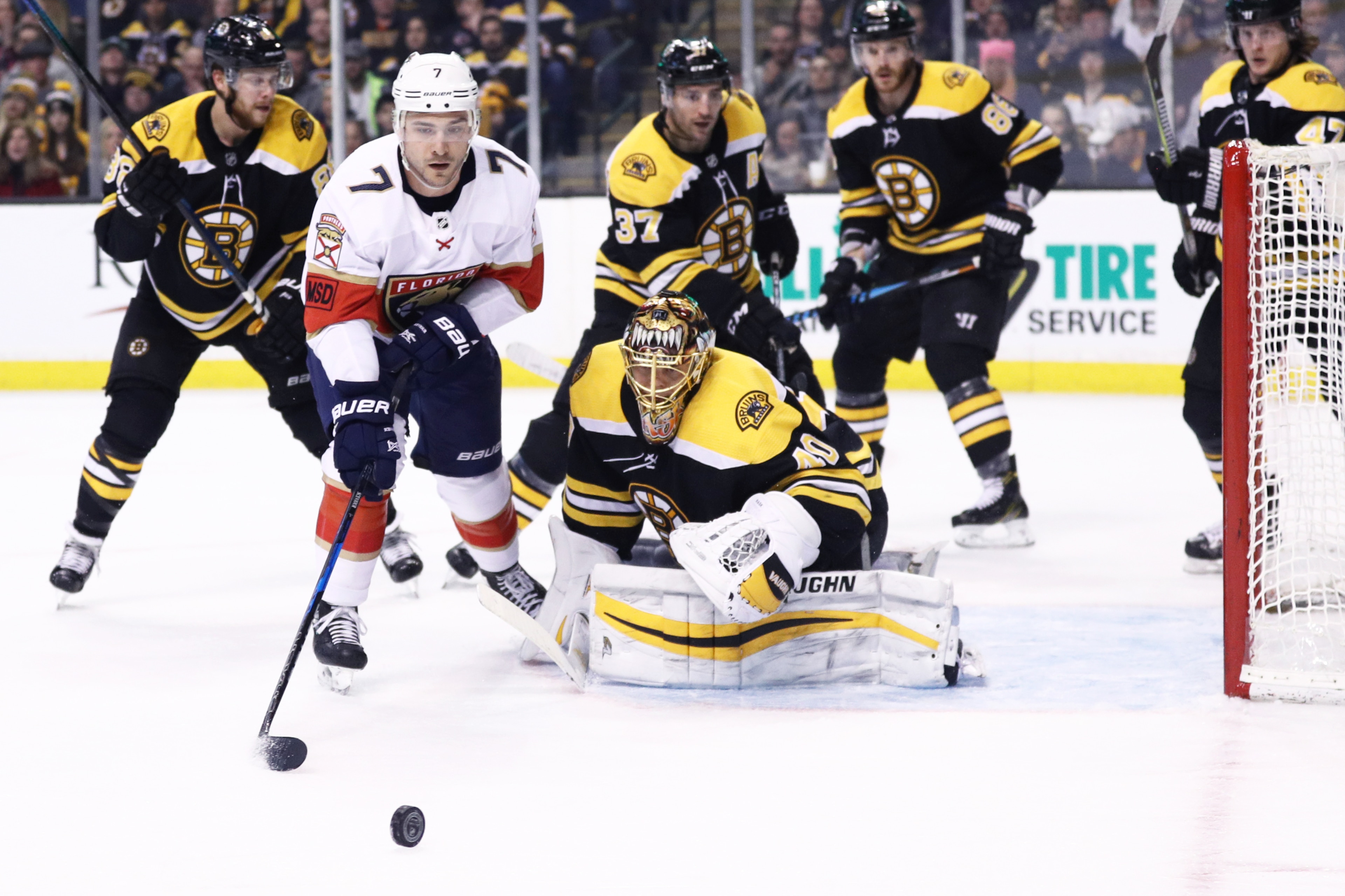 BOSTON, MA - APRIL 08: Colton Sceviour #7 of the Florida Panthers takes a shot against Tuukka Rask #40 of the Boston Bruins during the second period at TD Garden on April 8, 2018 in Boston, Massachusetts. (Photo by Maddie Meyer/Getty Images)