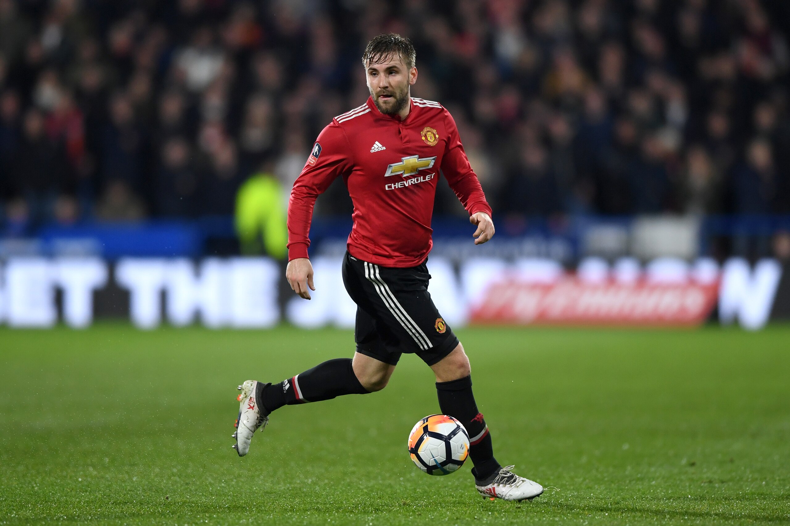 HUDDERSFIELD, ENGLAND - FEBRUARY 17:  Luke Shaw of Manchester United during the The Emirates FA Cup Fifth Round match between Huddersfield Town and Manchester United on February 17, 2018 in Huddersfield, United Kingdom.  (Photo by Gareth Copley/Getty Imag