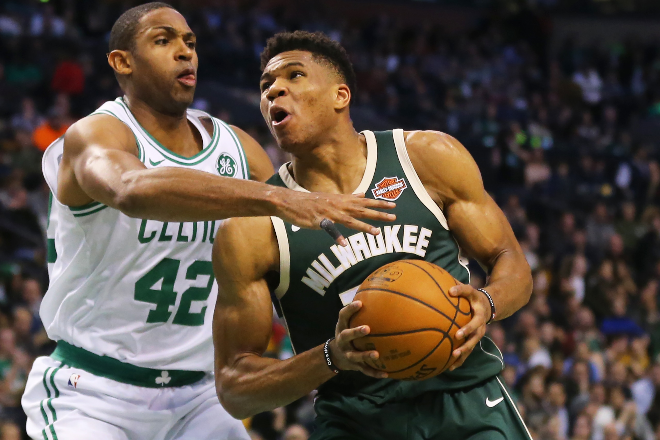 BOSTON, MA - DECEMBER 4: Al Horford #42 of the Boston Celtics defends Giannis Antetokounmpo #34 of the Milwaukee Bucks during the second quarter at TD Garden on December 4, 2017 in Boston, Massachusetts. (Photo by Maddie Meyer/Getty Images)