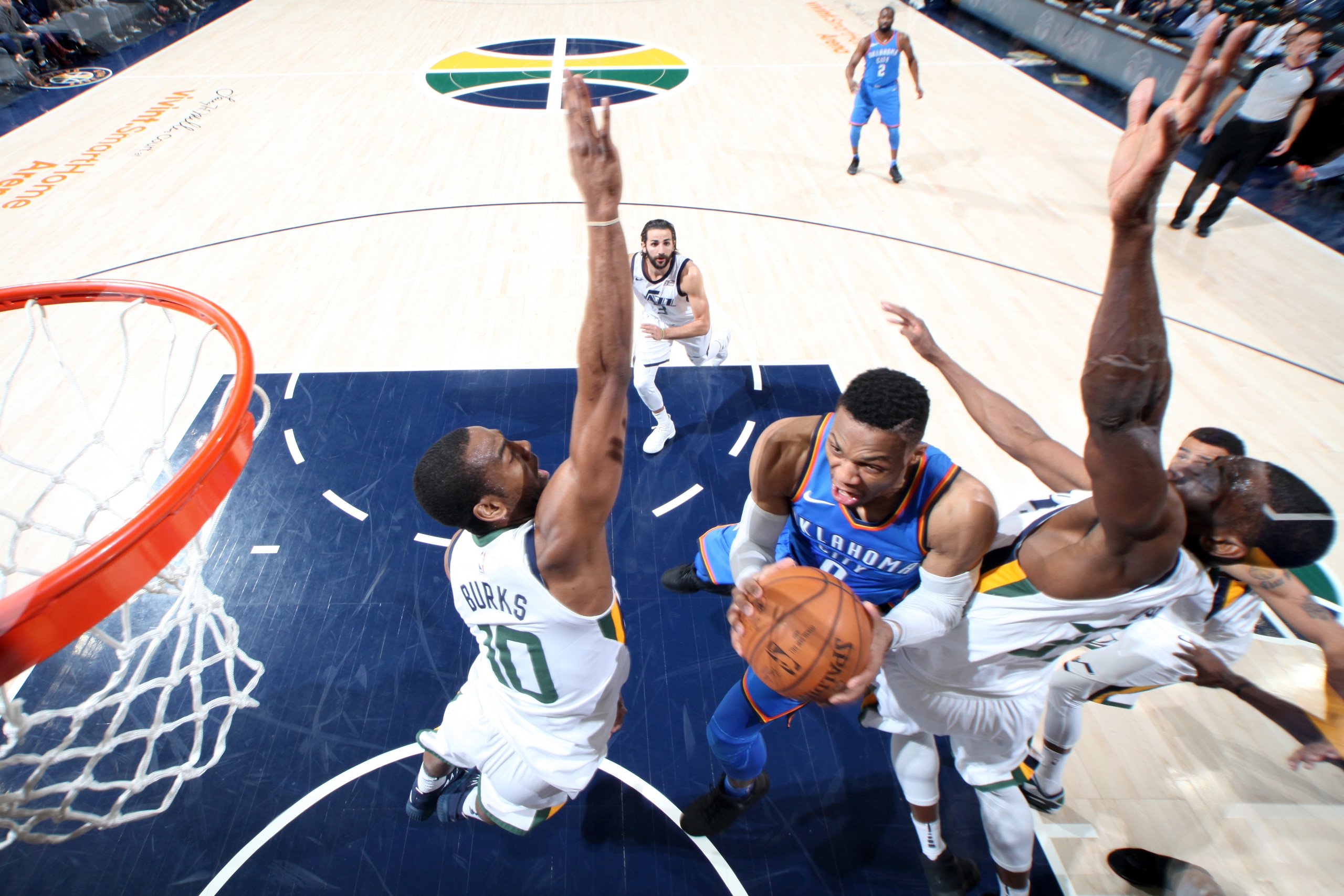 SALT LAKE CITY, UT - DECEMBER 23: Russell Westbrook #0 of the Oklahoma City Thunder goes to the basket against the Utah Jazz on December 23, 2017 at vivint.SmartHome Arena in Salt Lake City, Utah. NOTE TO USER: User expressly acknowledges and agrees that,