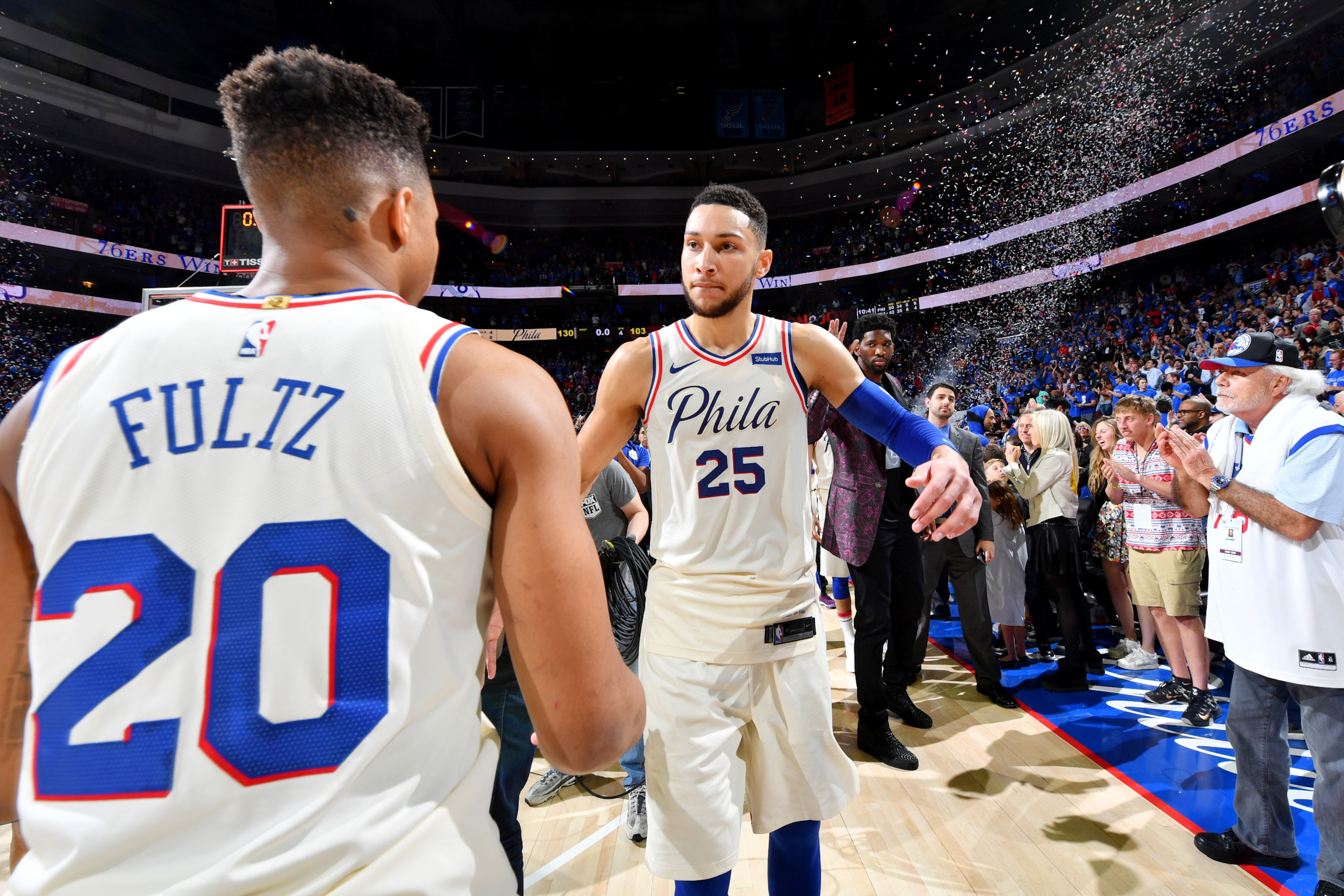PHILADELPHIA, PA - APRIL 14:  Markelle Fultz #20 and Ben Simmons #25 of the Philadelphia 76ers exchange a hug after game one of round one of the 2018 NBA Playoffs against the Miami Heat on April 14, 2018 at Wells Fargo Center in Philadelphia, Pennsylvania