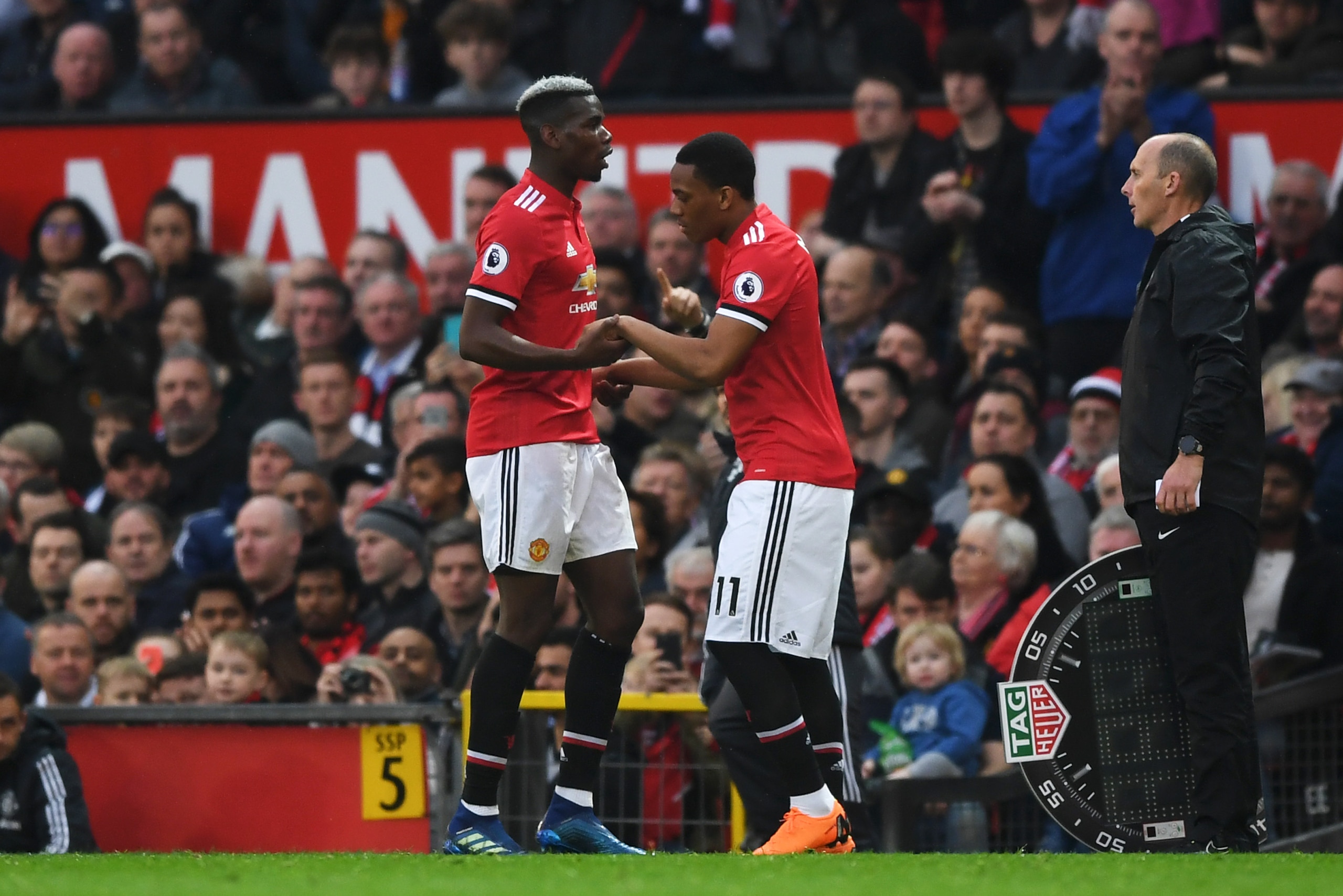 MANCHESTER, ENGLAND - APRIL 15: Anthony Martial of Manchester United comes on for Paul Pogba of Manchester United during the Premier League match between Manchester United and West Bromwich Albion at Old Trafford on April 15, 2018 in Manchester, England. 