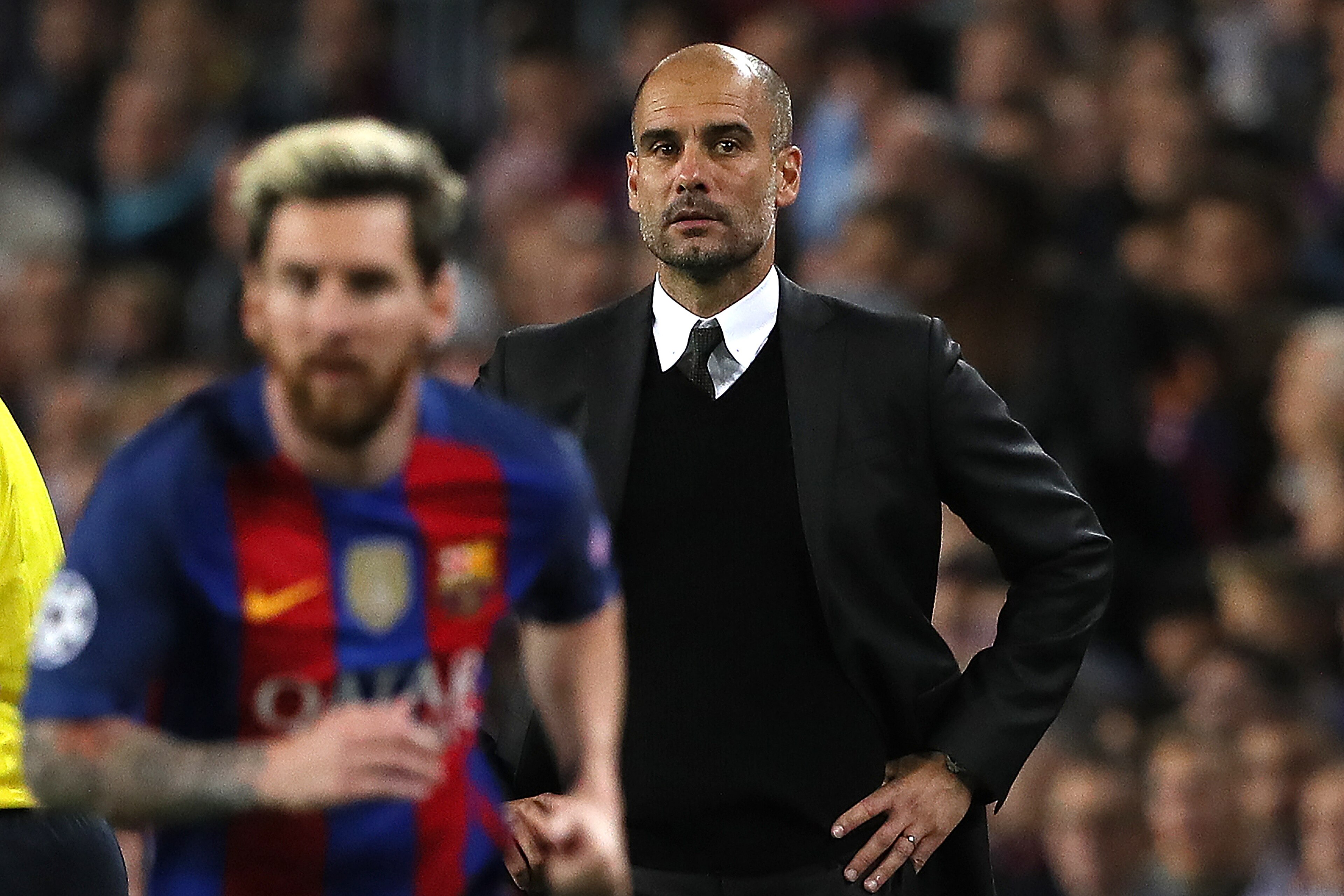 BARCELONA, SPAIN - OCTOBER 19:  Manchester City Head Coach / Manager Pep Guardiola looks on during the UEFA Champions League match between FC Barcelona and Manchester City FC at Camp Nou on October 19, 2016 in Barcelona.  (Photo by Matthew Ashton - AMA/Ge