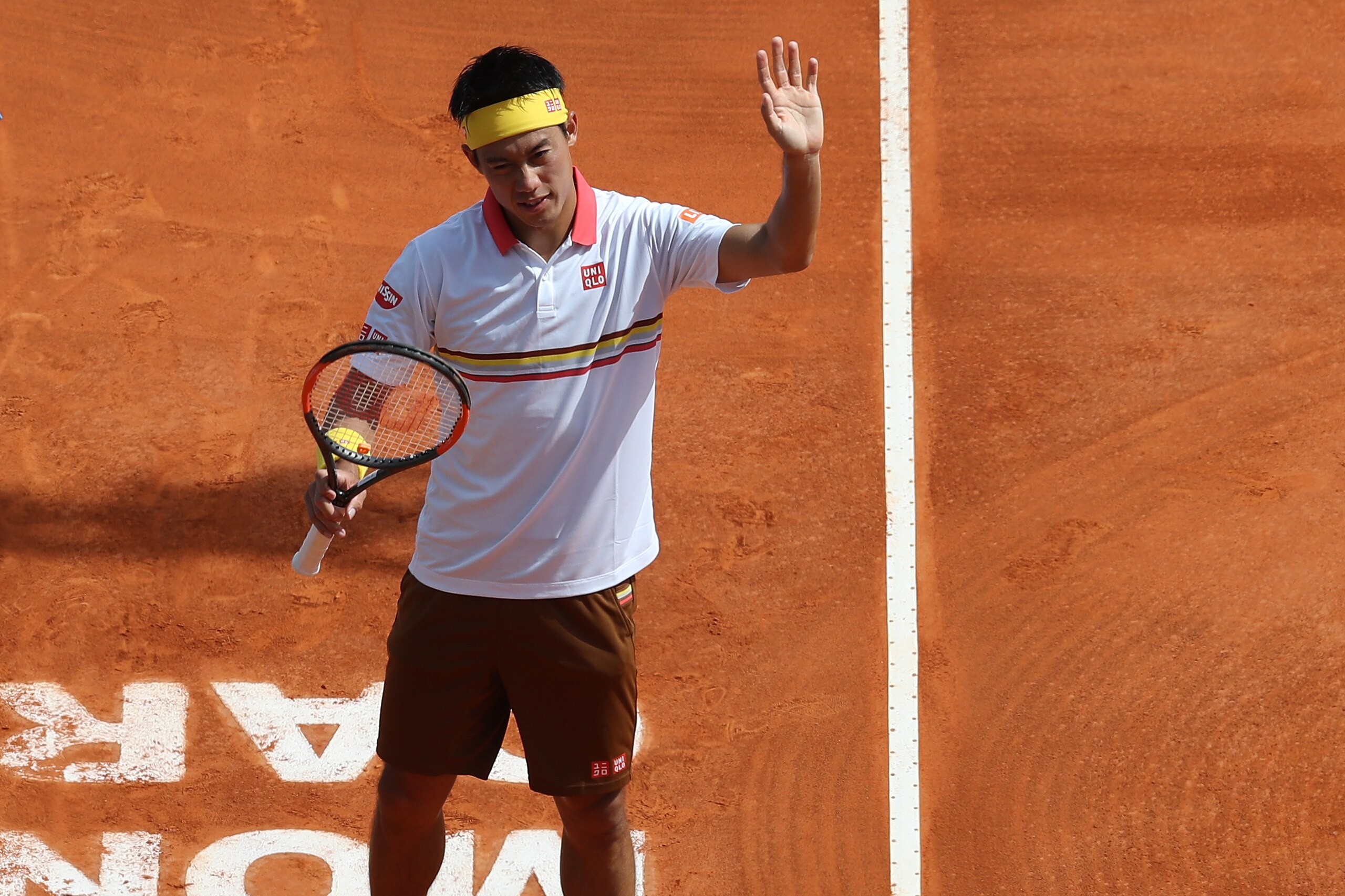 Japan's Kei Nishikori celebrates after defeating Czech Republic's Tomas Berdych in their round of 64 tennis match at the Monte-Carlo ATP Masters Series Tournament, on April 16, 2018 in Monaco.   / AFP PHOTO / VALERY HACHE        (Photo credit should read 