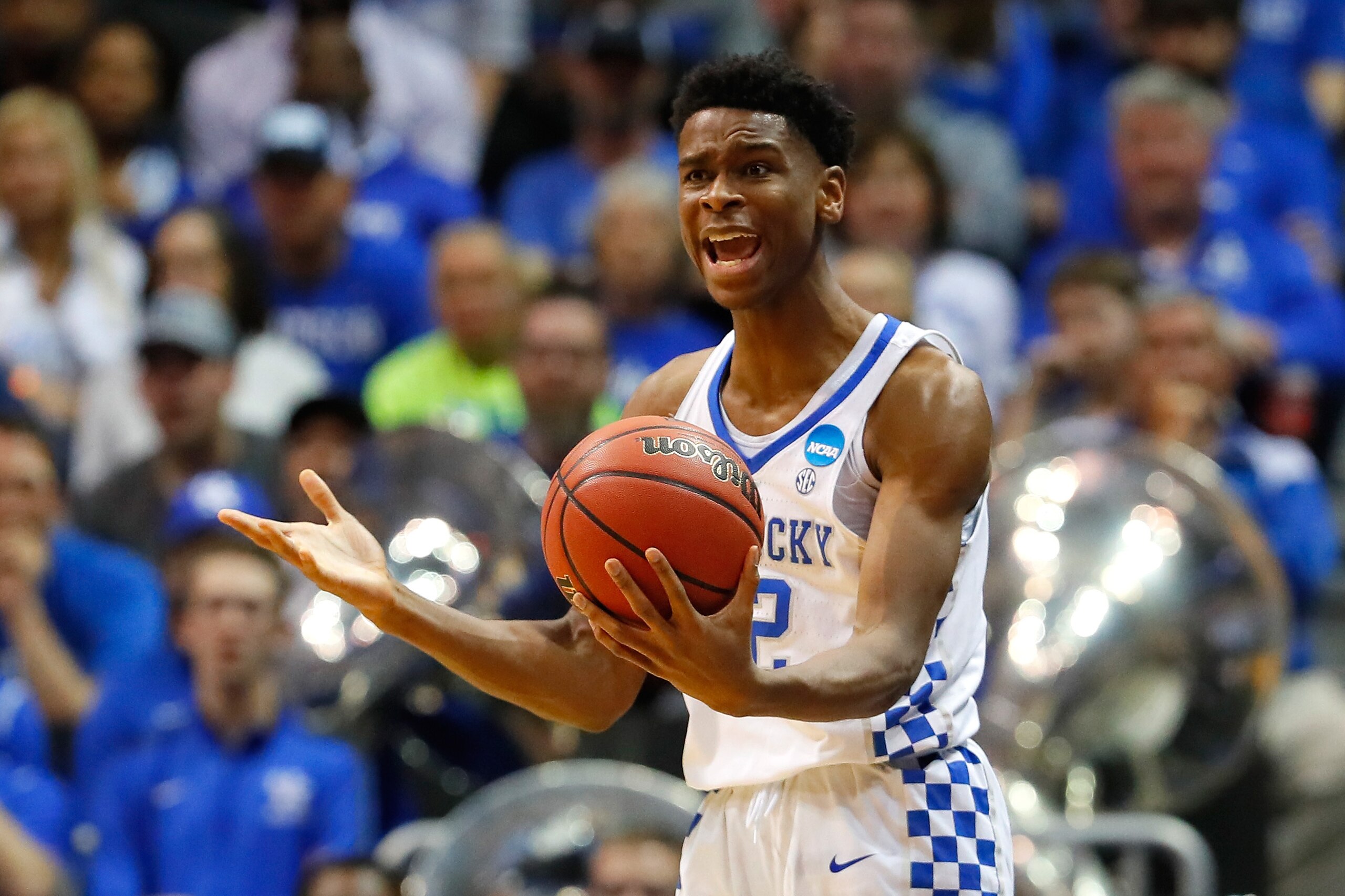 ATLANTA, GA - MARCH 22: Shai Gilgeous-Alexander #22 of the Kentucky Wildcats reacts to a call in the second half against the Kansas State Wildcats during the 2018 NCAA Men's Basketball Tournament South Regional at Philips Arena on March 22, 2018 in Atlant