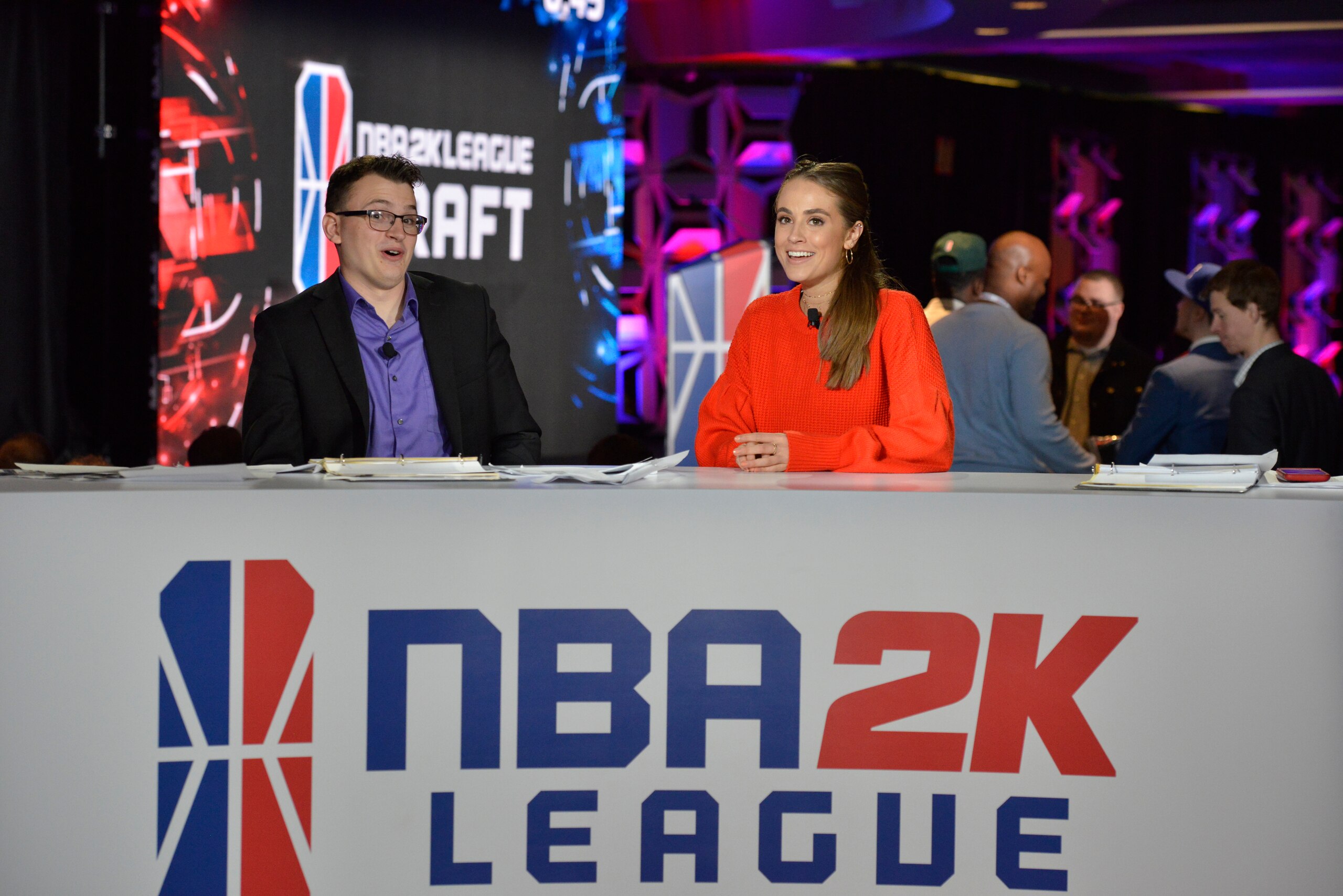 NEW YORK, NY - April 4:  Jamie 'Dirk' Ruiz and Rachel Demita commentates the 2018 NBA 2K League Draft on April 4, 2018 at the Hulu Theatre at Madison Square Garden in New York City. NOTE TO USER: User expressly acknowledges and agrees that, by downloading