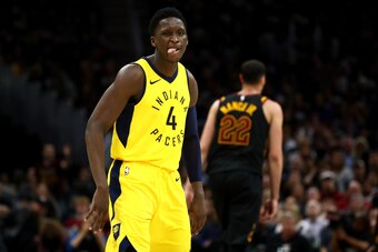 CLEVELAND, OH - APRIL 15:  Victor Oladipo #4 of the Indiana Pacers reacts to a fourth quarter three point basket while playing the Cleveland Cavaliers in Game One of the Eastern Conference Quarterfinals during the 2018 NBA Playoffs at Quicken Loans Arena 
