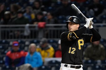 PITTSBURGH, PA - APRIL 06: Corey Dickerson #12 of the Pittsburgh Pirates at bat during the game against the Cincinnati Reds at PNC Park on April 6, 2018 in Pittsburgh, Pennsylvania. (Photo by Justin Berl/Getty Images) *** Local Caption *** Corey Dickerson