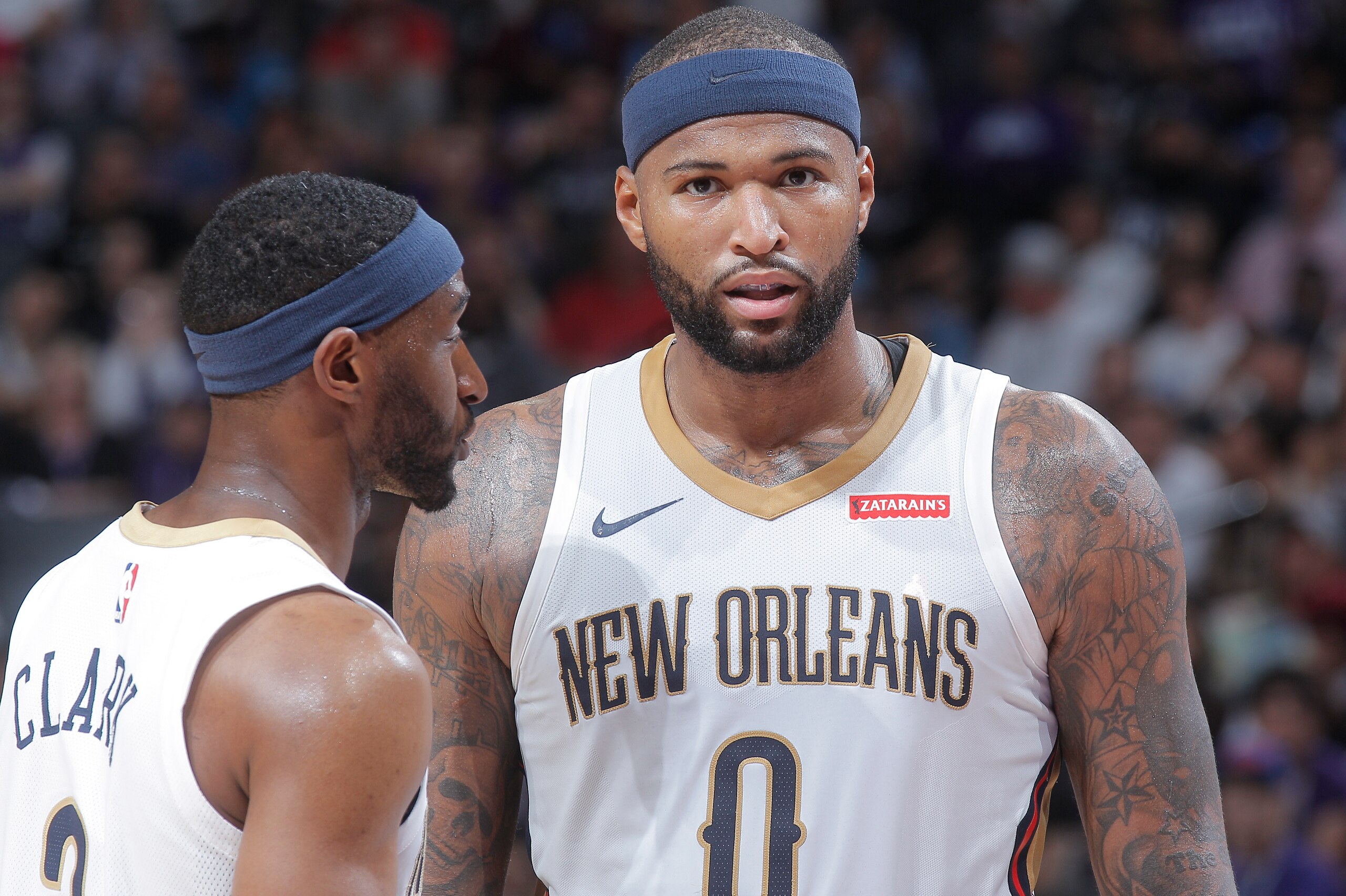 SACRAMENTO, CA - OCTOBER 26: Ian Clark #2 and DeMarcus Cousins #0 of the New Orleans Pelicans talk during the game against the Sacramento Kings on October 26, 2017 at Golden 1 Center in Sacramento, California. NOTE TO USER: User expressly acknowledges and SACRAMENTO, CA - OCTOBER 26: Ian Clark #2 and DeMarcus Cousins #0 of the New Orleans Pelicans talk during the game against the Sacramento Kings on October 26, 2017 at Golden 1 Center in Sacramento, California. NOTE TO USER: User expressly acknowledges and