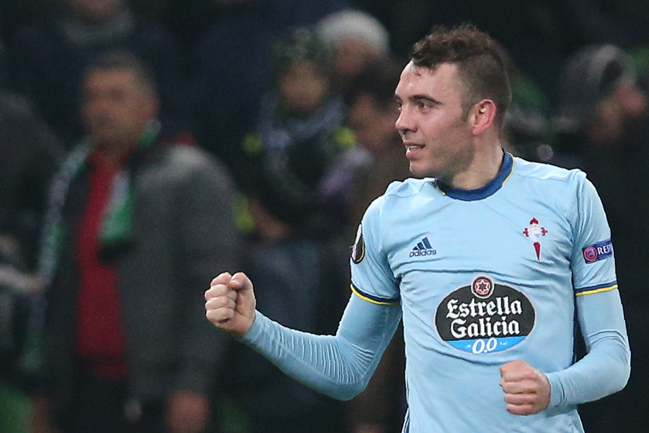 Celta Vigo's forward Iago Aspas celebrates after scoring his team's second goal during the UEFA Europa League round of 16 second leg football match between FC Krasnodar and RC Celta de Vigo in Krasnodar on March 16, 2017. / AFP PHOTO / STR        (Photo c