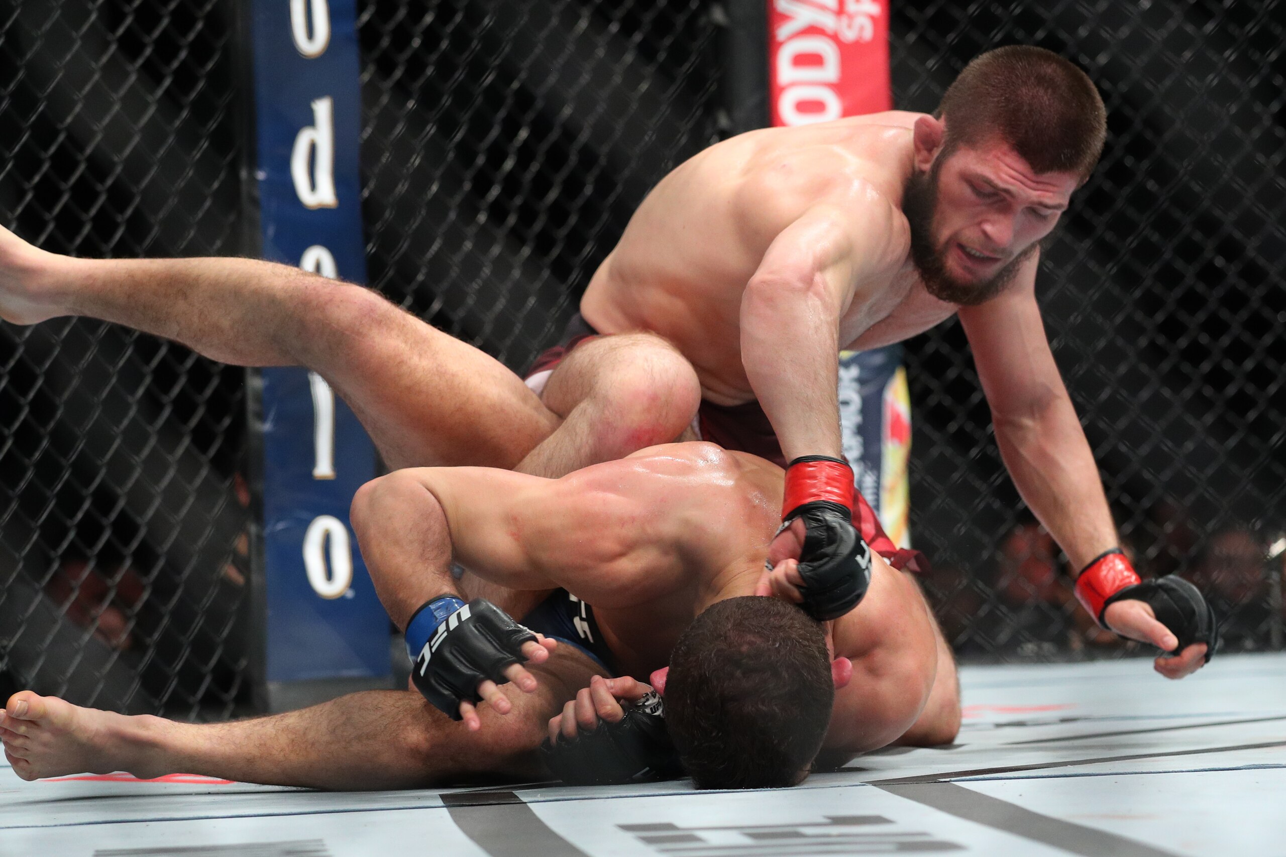 NEW YORK, NY - APRIL 07: Khabib Nurmagomedov (top) throws a punch at Al Iaquinta (bottom) during their UFC lightweight championship bout at UFC 223 at Barclays Center on April 7, 2018 in New York City. (Photo by Ed Mulholland/Getty Images)