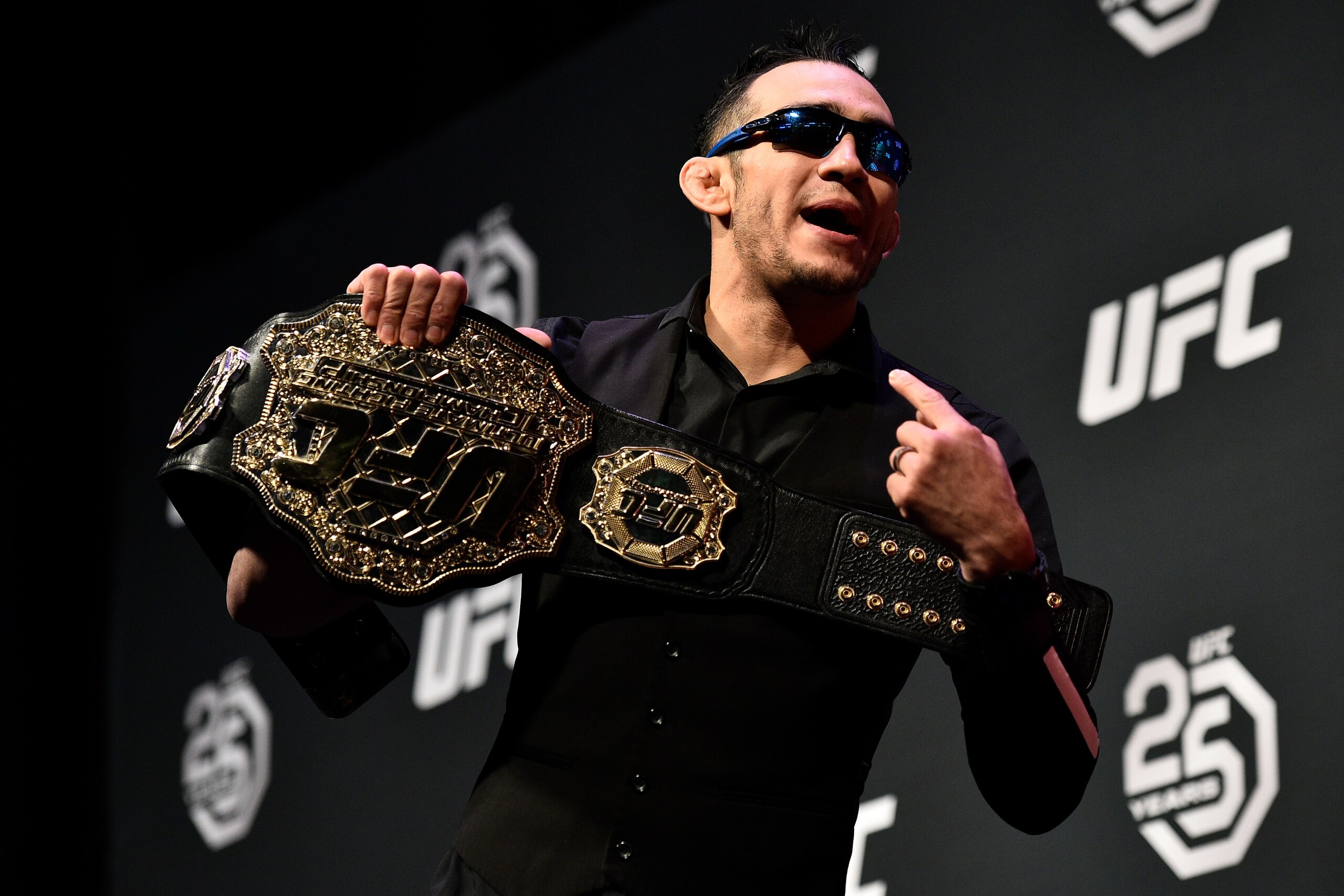 BOSTON, MA - JANUARY 19:   Tony Ferguson taunts Khabib Nurmagomedov during the UFC press conference at TD Garden on January 19, 2018 in Boston, Massachusetts. (Photo by Brandon Magnus/Zuffa LLC/Zuffa LLC via Getty Images)
