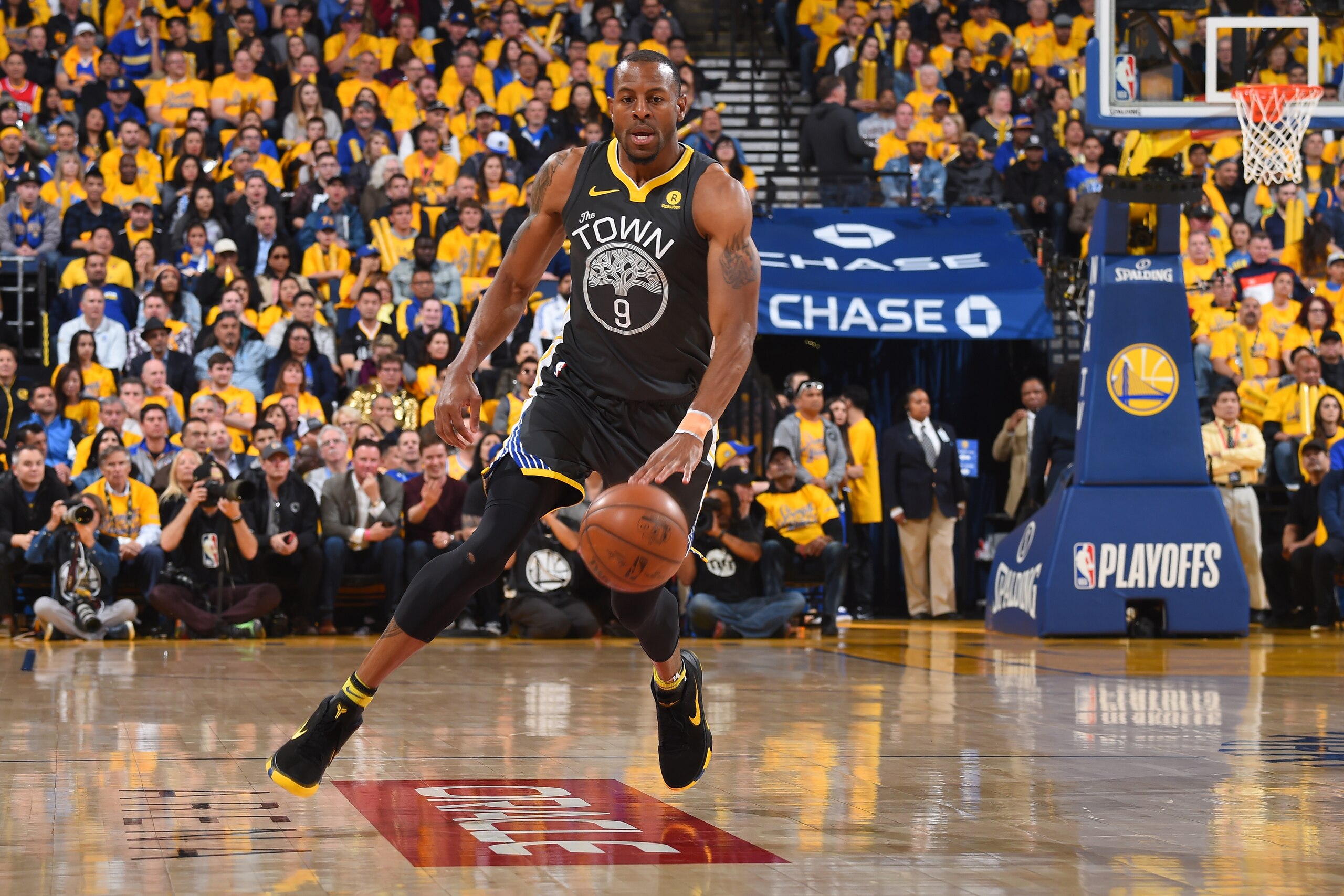 OAKLAND, CA - APRIL 16:  Andre Iguodala #9 of the Golden State Warriors handles the ball against the San Antonio Spurs in Game Two of Round One of the 2018 NBA Playoffs on April 16, 2018 at ORACLE Arena in Oakland, California. NOTE TO USER: User expressly