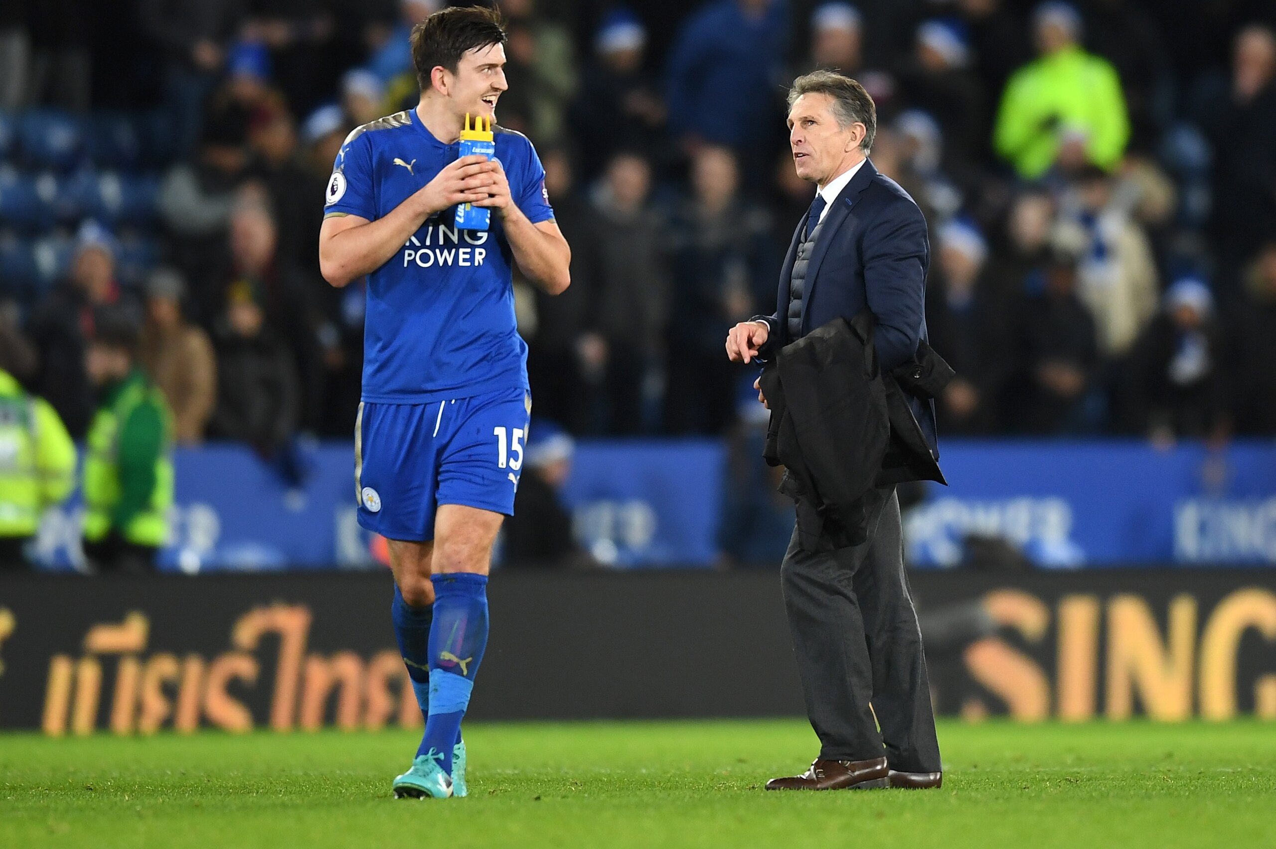 LEICESTER, ENGLAND - DECEMBER 23: Harry Maguire of Leicester City smiles with Claude Puel, Manager of Leicester City after the Premier League match between Leicester City and Manchester United at The King Power Stadium on December 23, 2017 in Leicester, LEICESTER, ENGLAND - DECEMBER 23: Harry Maguire of Leicester City smiles with Claude Puel, Manager of Leicester City after the Premier League match between Leicester City and Manchester United at The King Power Stadium on December 23, 2017 in Leicester,