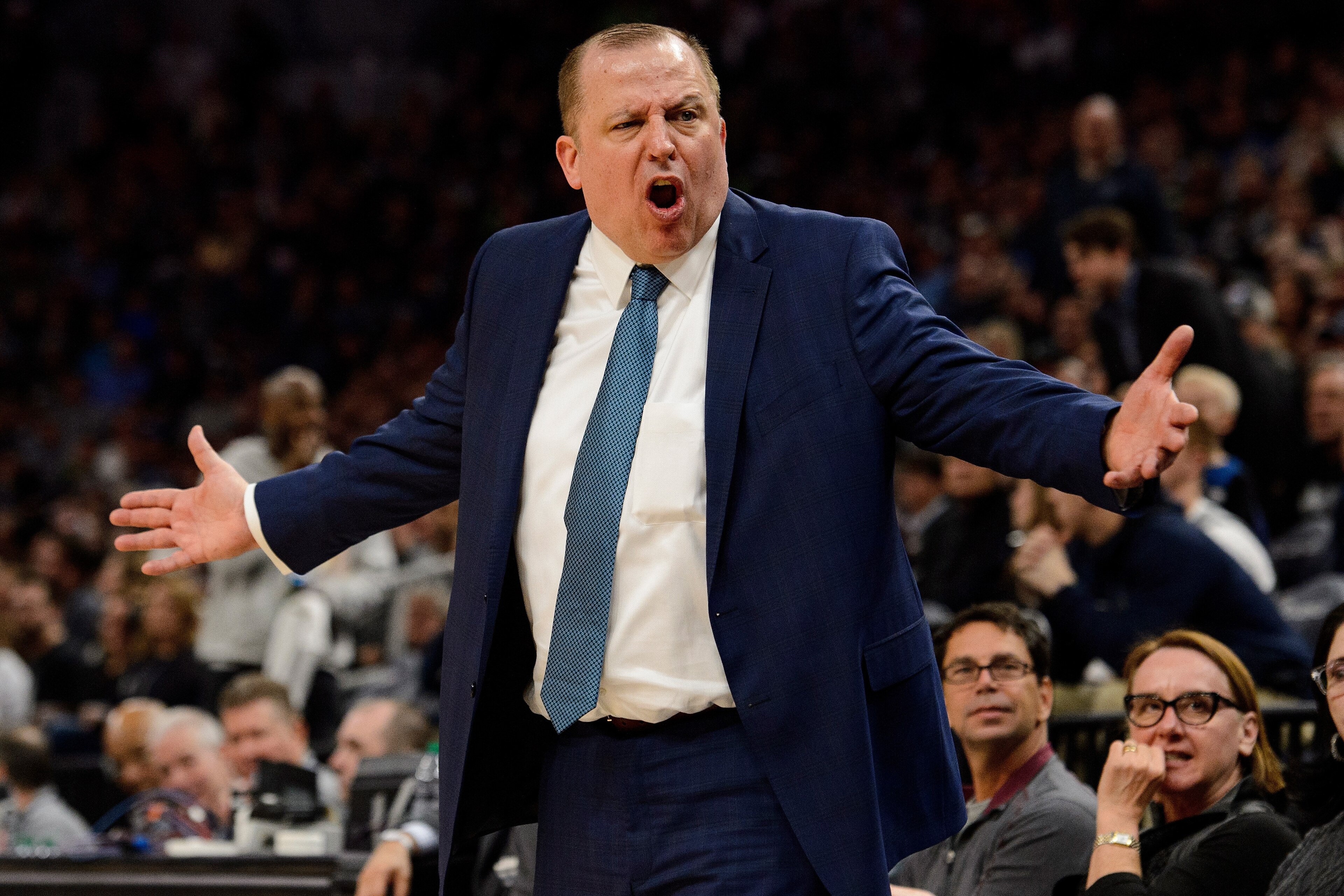 MINNEAPOLIS, MN - APRIL 11: Head coach Tom Thibodeau of the Minnesota Timberwolves reacts to a call during the third quarter of the game against the Denver Nuggets on April 11, 2018 at the Target Center in Minneapolis, Minnesota. The Timberwolves defeated