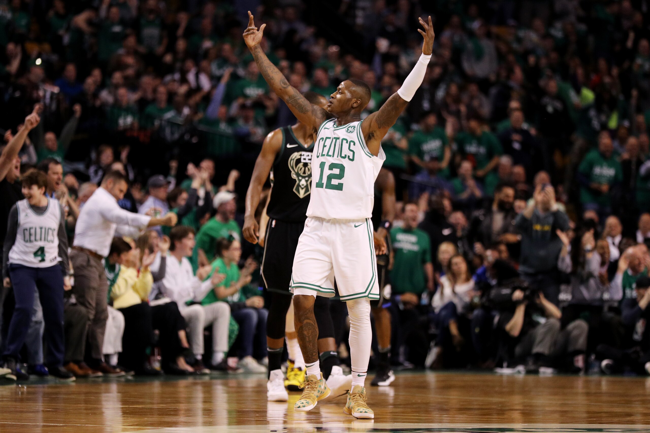 BOSTON, MA - APRIL 17: Terry Rozier #12 of the Boston Celtics celebrates in the first quarter of Game Two against the Milwaukee Bucks in Round One of the 2018 NBA Playoffs at TD Garden on April 17, 2018 in Boston, Massachusetts. (Photo by Maddie Meyer/Get BOSTON, MA - APRIL 17: Terry Rozier #12 of the Boston Celtics celebrates in the first quarter of Game Two against the Milwaukee Bucks in Round One of the 2018 NBA Playoffs at TD Garden on April 17, 2018 in Boston, Massachusetts. (Photo by Maddie Meyer/Get