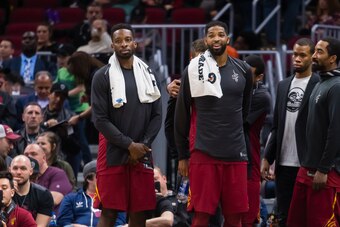 CLEVELAND, OH - APRIL 11: Jeff Green #32 and Tristan Thompson #13 and JR Smith #5 of the Cleveland Cavaliers watch from the sidelines during the second half against the New York Knicks at Quicken Loans Arena on April 11, 2018 in Cleveland, Ohio. The Knick