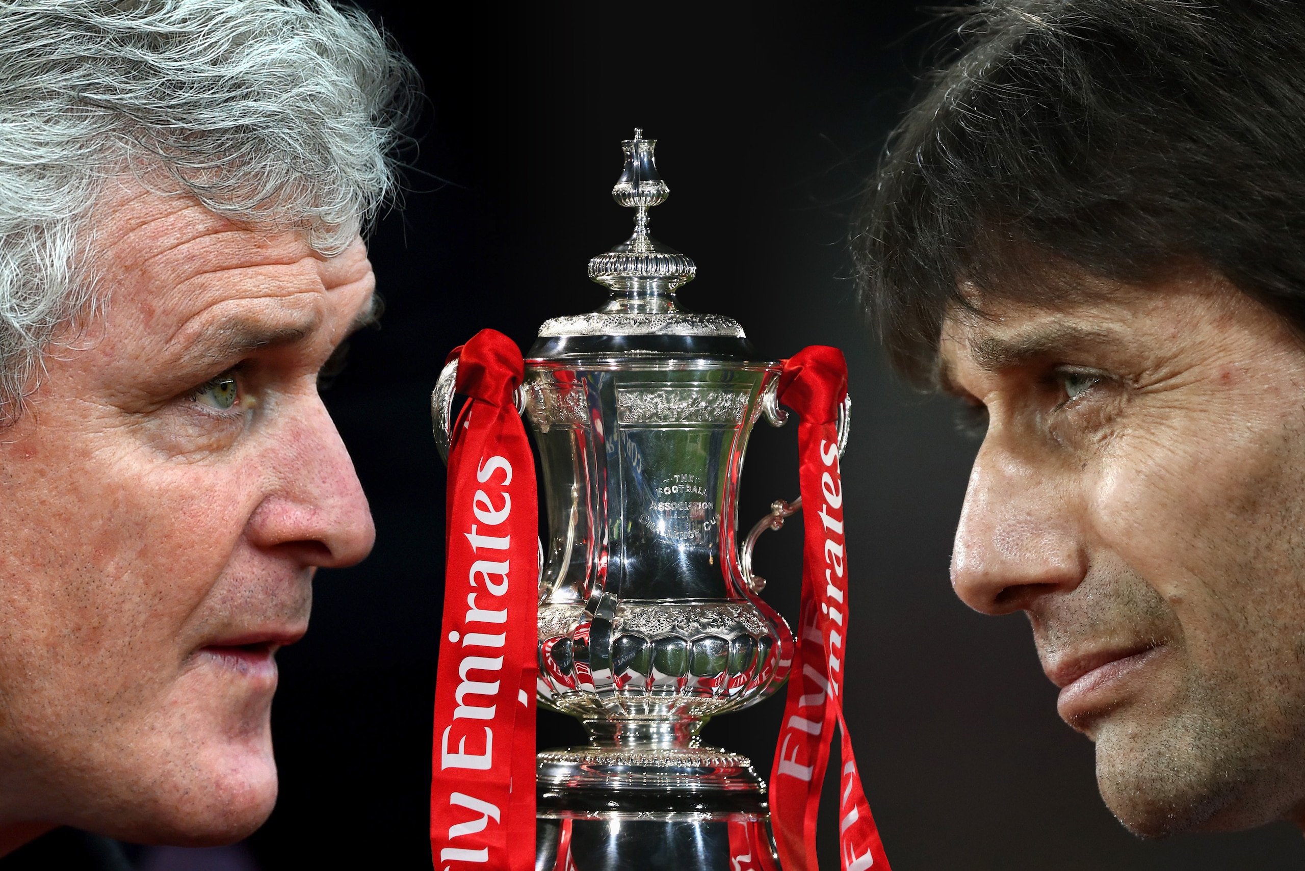 FILE PHOTO (EDITORS NOTE: GRADIENT ADDED - COMPOSITE OF TWO IMAGES - Image numbers (L) 502479390 and 648790080) In this composite image a comparison has been made between Mark Hughes, manager of Southampton (L) and  Antonio Conte, Manager of Chelsea.  Che