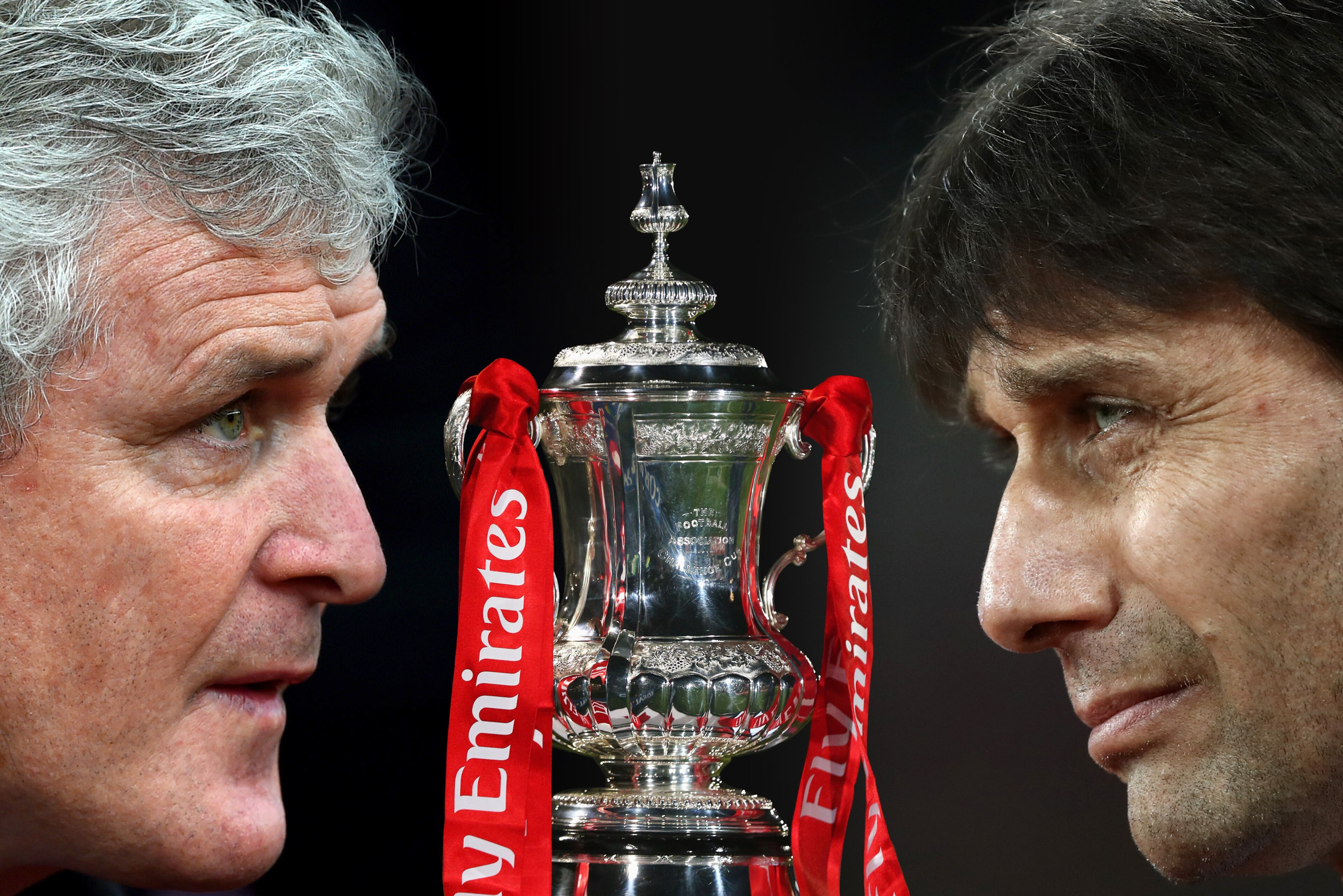 FILE PHOTO (EDITORS NOTE: GRADIENT ADDED - COMPOSITE OF TWO IMAGES - Image numbers (L) 502479390 and 648790080) In this composite image a comparison has been made between Mark Hughes, manager of Southampton (L) and  Antonio Conte, Manager of Chelsea.  Che