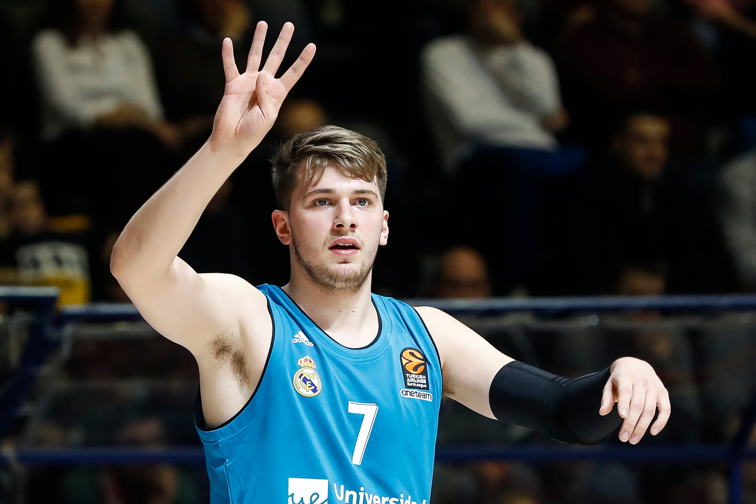 BELGRADE, SERBIA - MARCH 30: Luka Doncic of Real Madrid reacts during the 2017/2018 Turkish Airlines EuroLeague Regular Season game between Crvena Zvezda mts Belgrade and Real Madrid at Aleksandar Nikolic Hall on March 30, 2018 in Belgrade, Serbia. (Photo