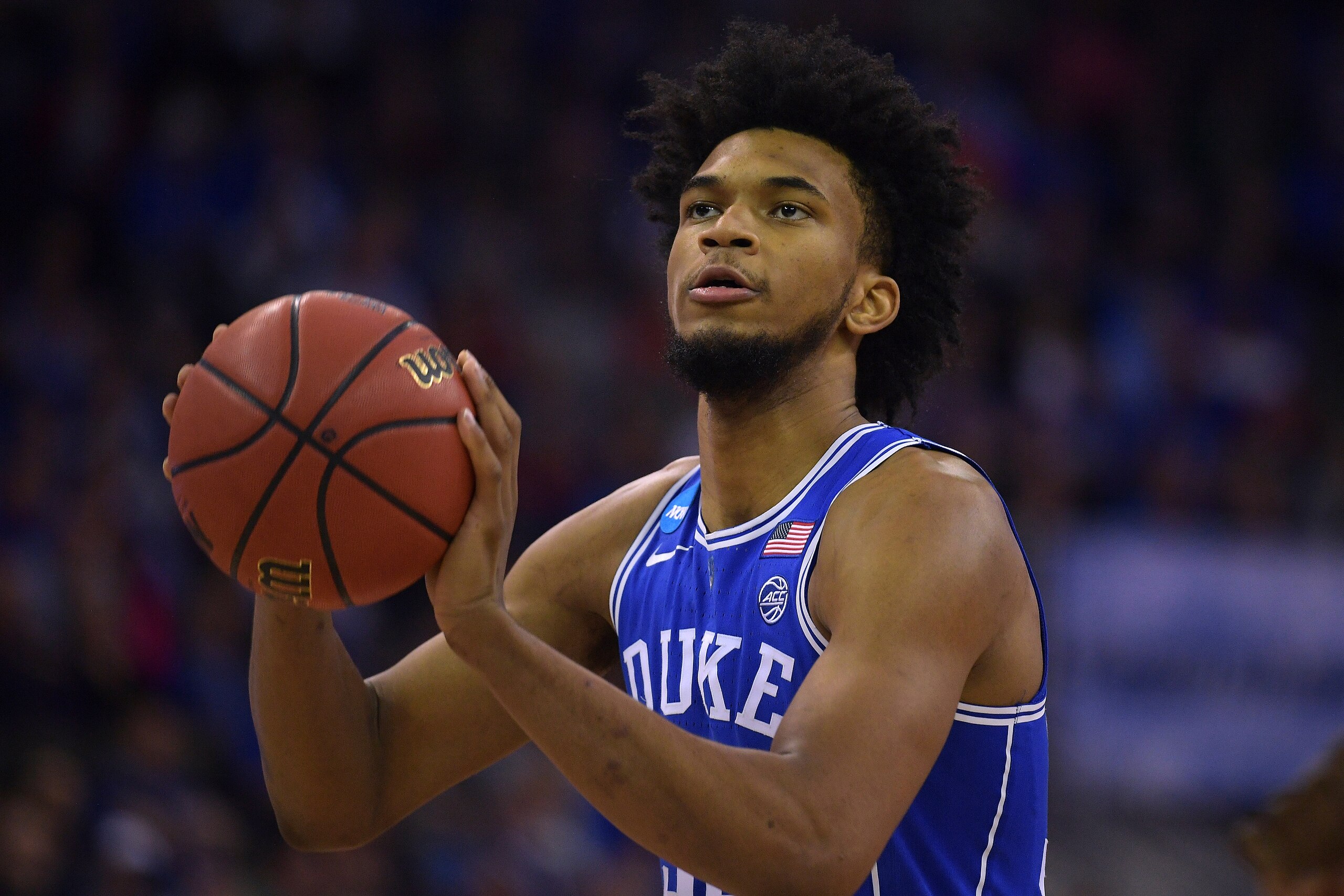 OMAHA, NE - MARCH 25: Marvin Bagley III #35 of the Duke Blue Devils concentrates at the free throw line against the Kansas Jayhawks during the 2018 NCAA Men's Basketball Tournament Midwest Regional Final at CenturyLink Center on March 25, 2018 in Omaha, N