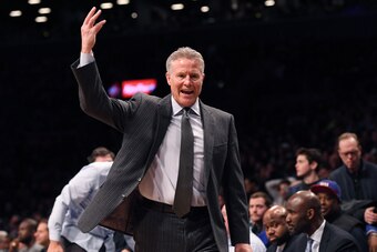 NEW YORK, NY - MARCH 11: Brett Brown of the Philadelphia 76ers during the game against the Brooklyn Nets at Barclays Center on March 11, 2018 in the Brooklyn borough of New York City. NOTE TO USER: User expressly acknowledges and agrees that, by downloadi