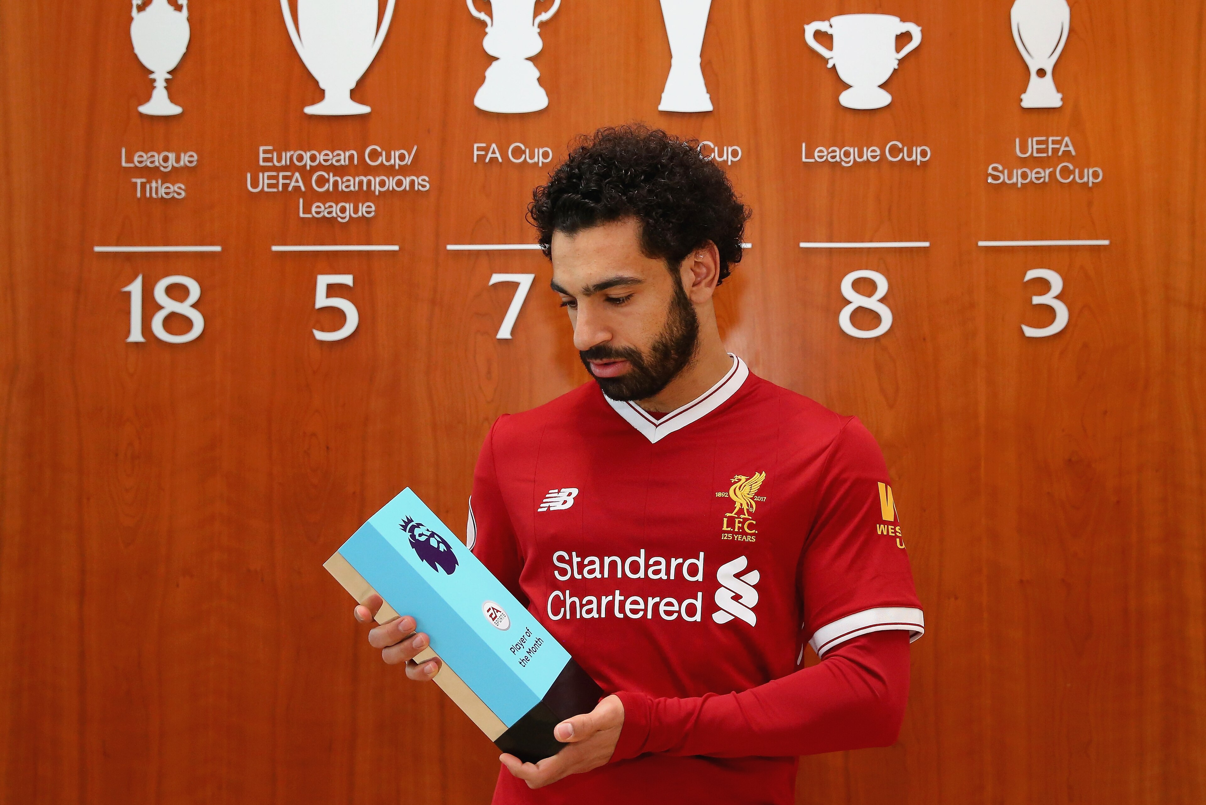LIVERPOOL, ENGLAND - APRIL 12:  Mohamed Salah of Liverpool is Awarded with the EA SPORTS Player of the Month for March at Melwood Training Ground on April 12, 2018 in Liverpool, England.  (Photo by Alex Livesey/Getty Images)