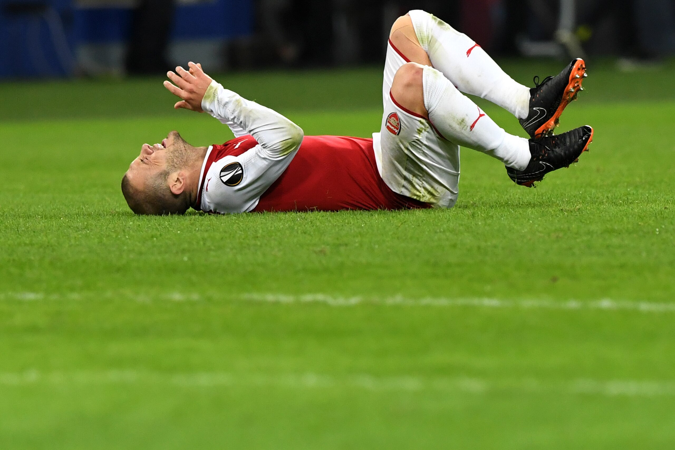 Arsenal's English midfielder Jack Wilshere reacts during the UEFA Europa League second leg quarter-final football match between CSKA Moscow and Arsenal at the VEB Arena stadium in Moscow on April 12, 2018. / AFP PHOTO / Kirill KUDRYAVTSEV        (Photo cr